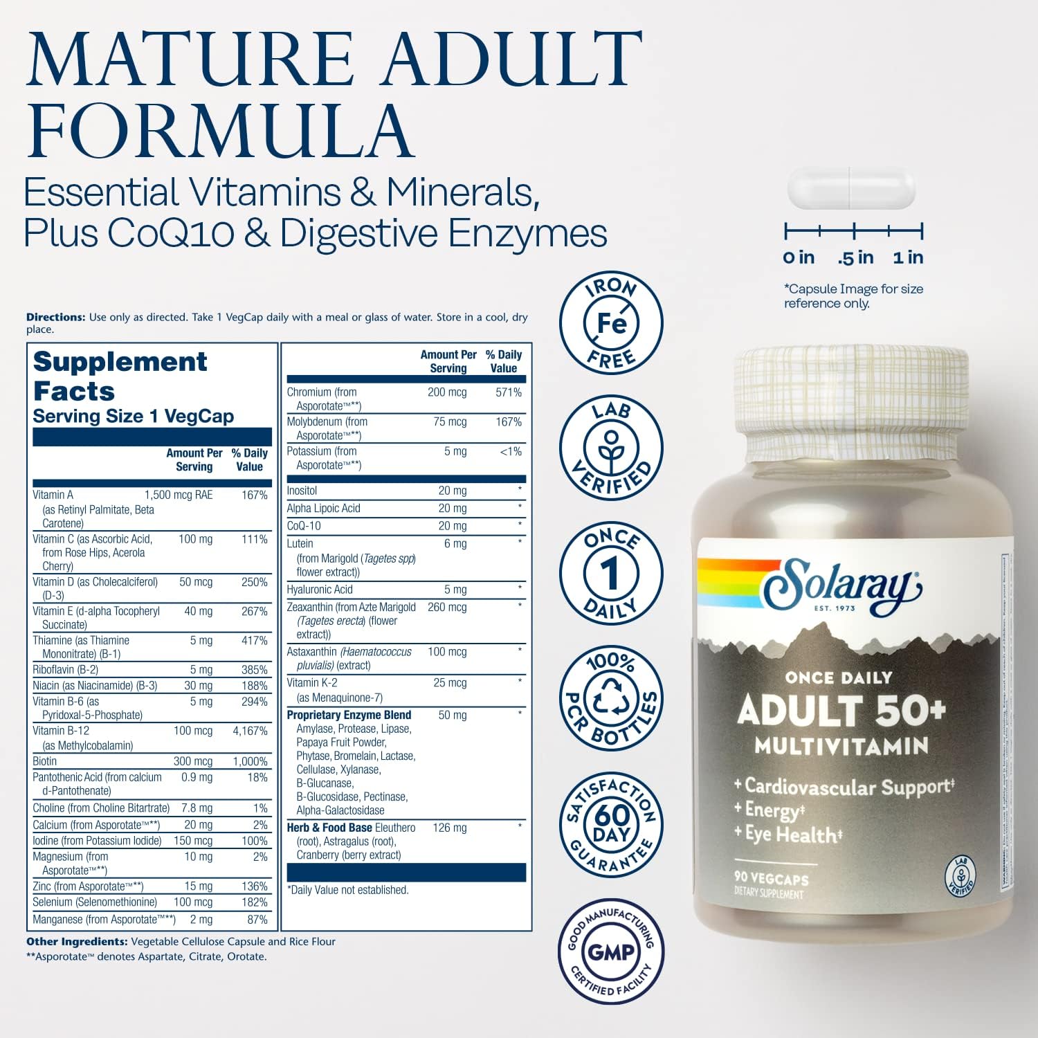 SOLARAY Once Daily Adult 50 Plus Complete Multivitamin, 90 VegCaps | Energy, Heart, Brain & Immune Support - Minerals, CoQ10