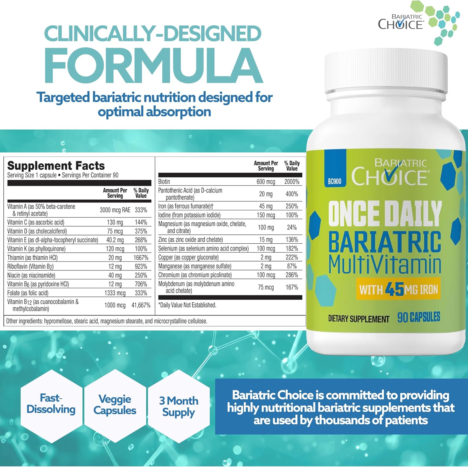 Bariatric Choice Once Daily Bariatric Multivitamin with Iron 45mg, 1 Month | 1-Mo Supply, Once Daily Easy-to-Swallow Capsule for Gastric Bypass & Sleeve Patients – High Potency Vitamins A, D, B12, More