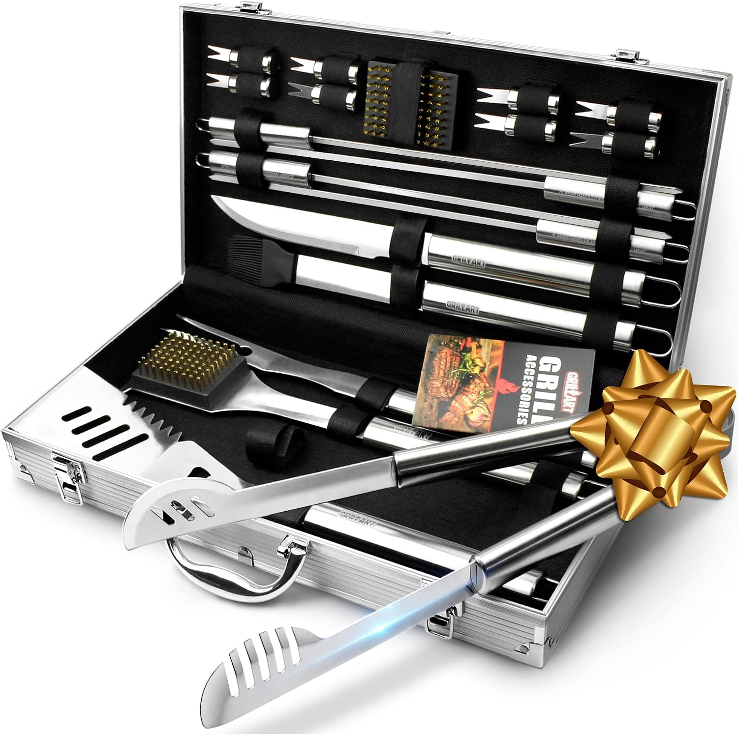 GRILLART BBQ Grill Utensil Tools Set Reinforced BBQ Tongs 19-Piece Stainless-Steel Barbecue Grilling Accessories w/Aluminum Storage Case -Complete