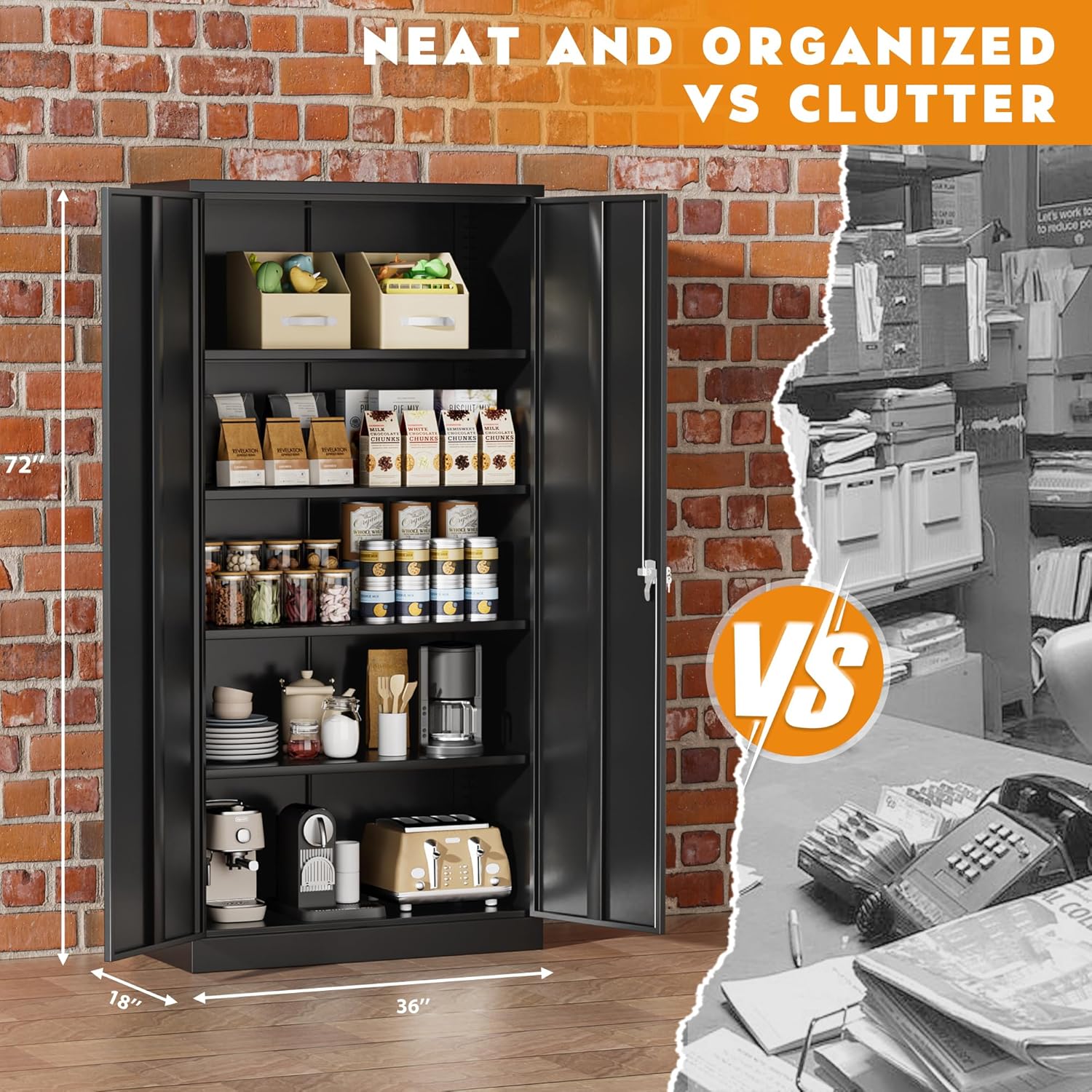 Greenvelly Steel SnapIt Storage Cabinet, 72" Locking Metal Garage Storage Cabinet with 4 Adjustable Shelves, 2 Doors and Lock for File, Office, Garage
