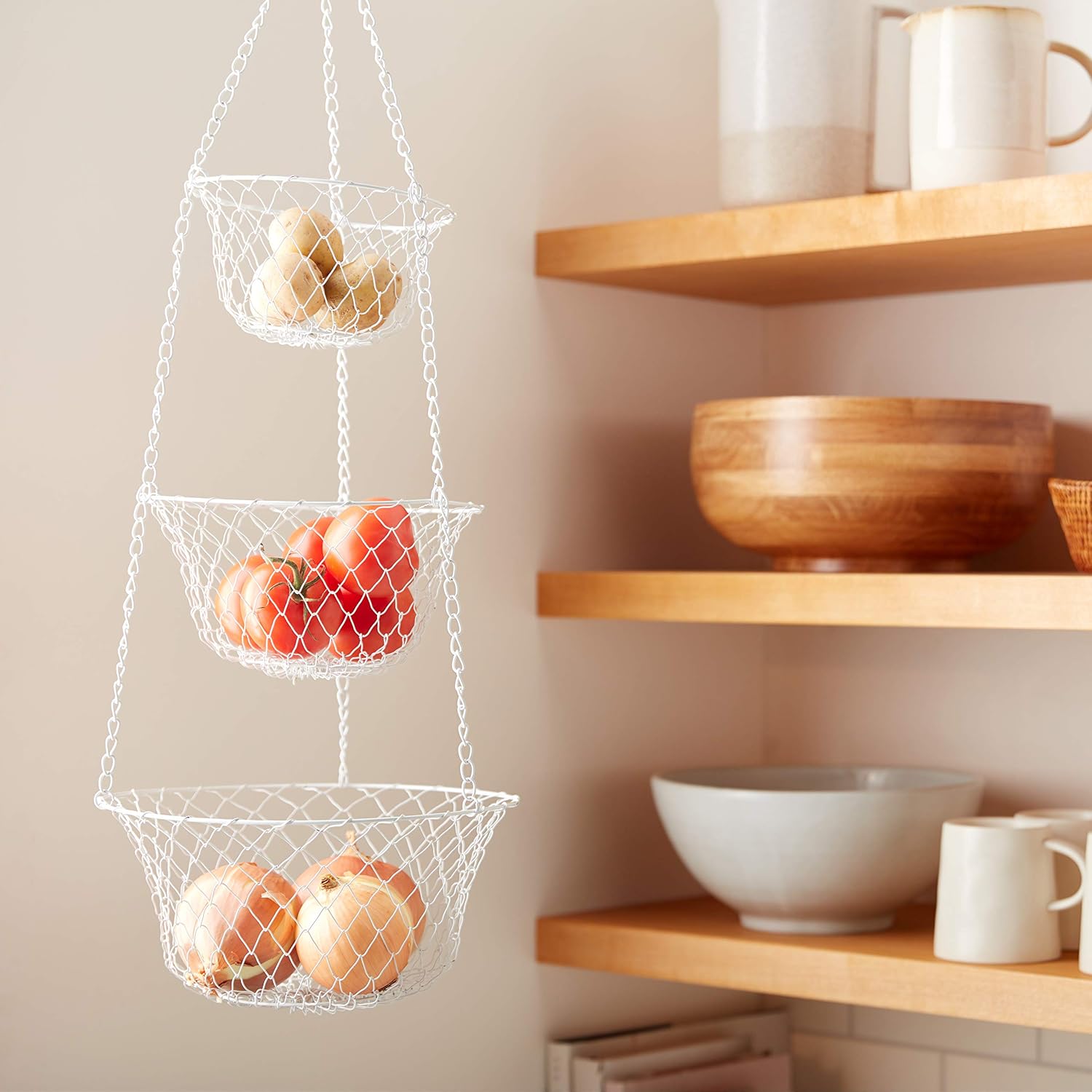 Fox Run 3-Tier Copper Kitchen Hanging Fruit Baskets For Kitchen, 32 Inches | Easily Store & Display Fruit & Vegetables | 3 Tiers Of Baskets For Organization | Beautiful Copper Hanging Kitchen Baskets
