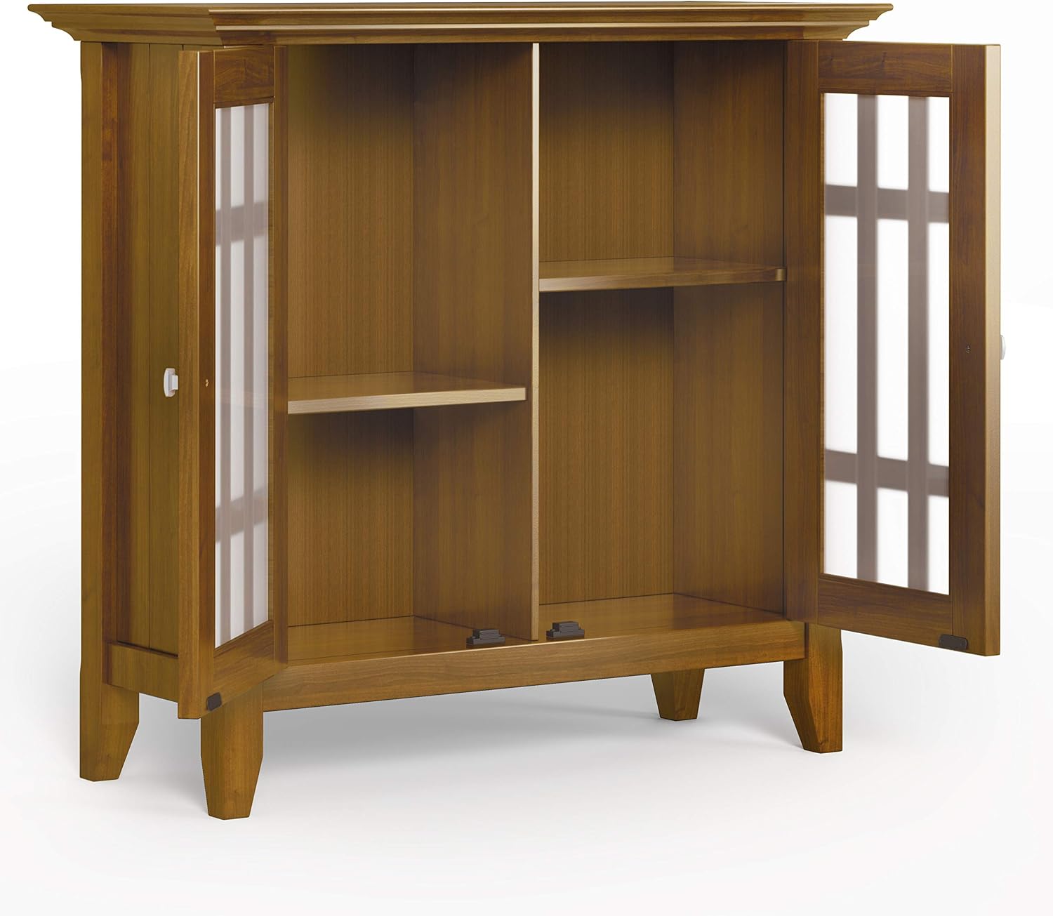 SIMPLIHOME Bedford 62" Wide Solid Wood Sideboard in Brunette Brown | Transitional low media console with glass doors and storage shelves for the living room, entryway or dining room.