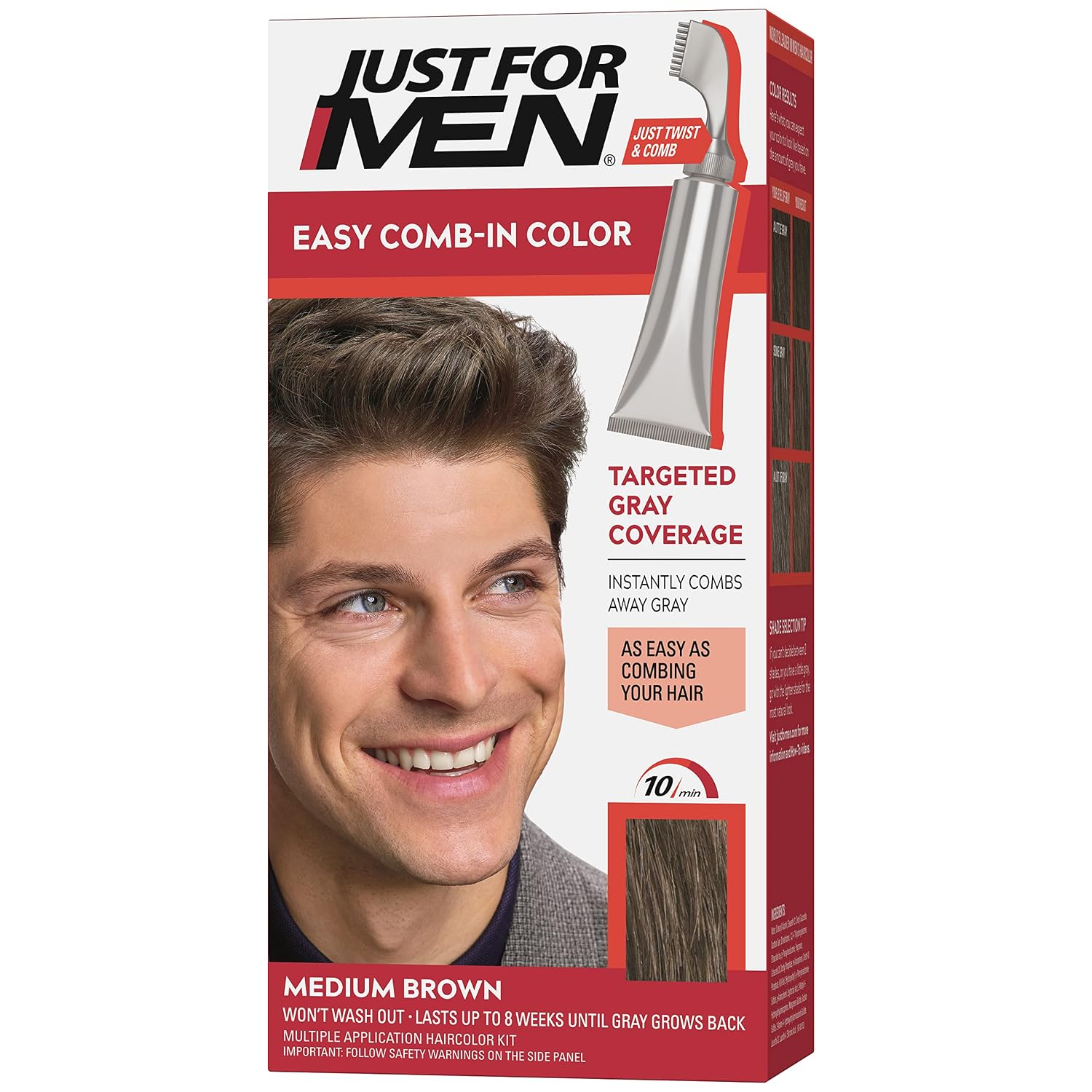 JUST FOR MEN Easy Comb-In Color, No-Mix, Light-Medium Brown A-30 (1 Pack) | Easy Comb-In Color light-medium brown no-mix formula instantly combs away gray. Targeted gray coverage. Easy application.