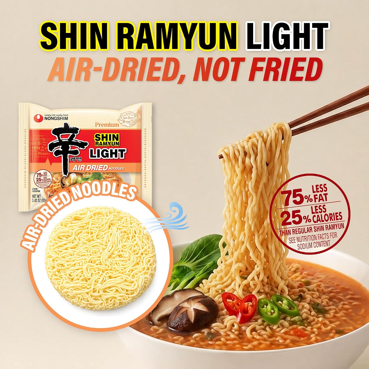 Nongshim Shin Ramyun Light, Air-Dried Korean Ramen Noodles, 4 Pack