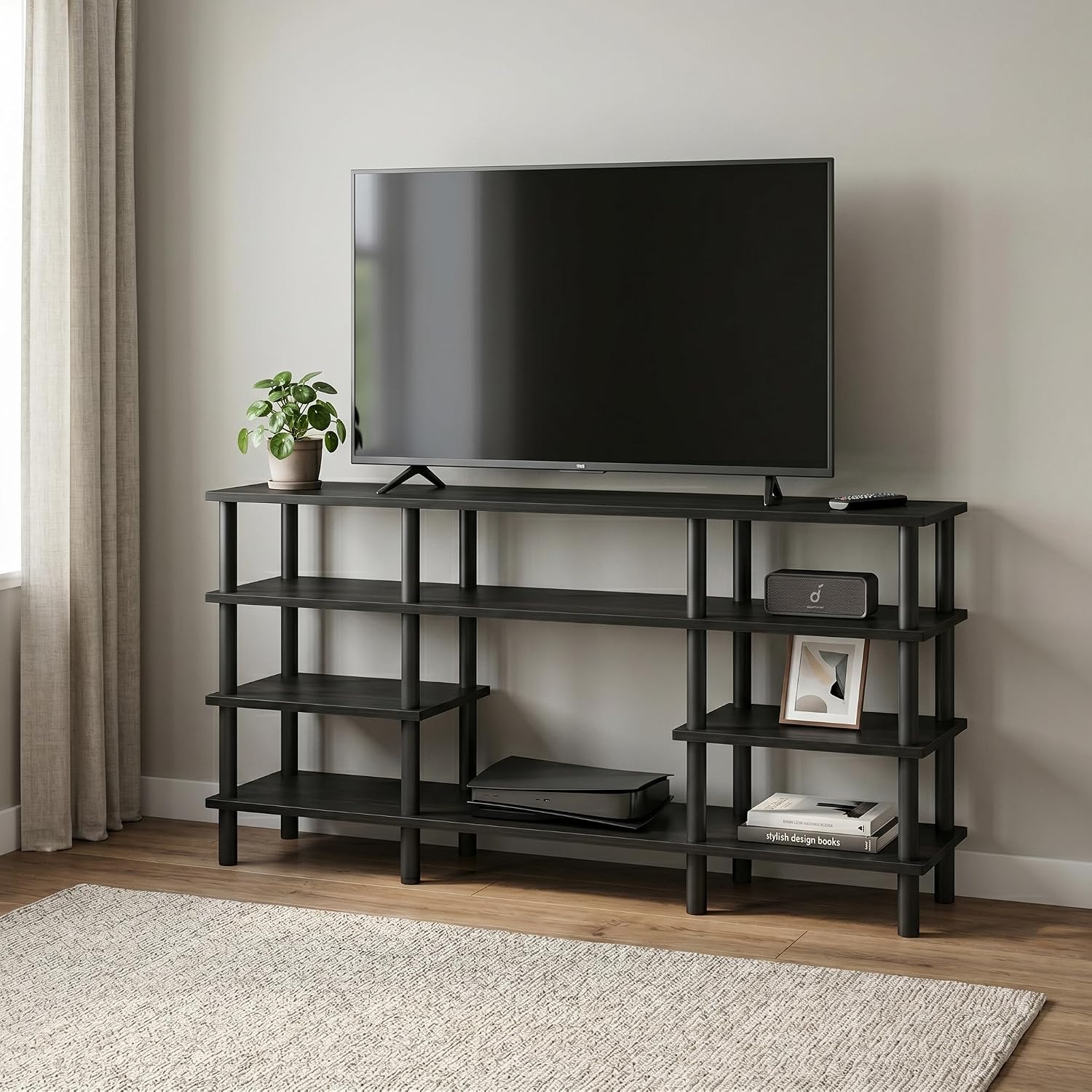 Furinno Nelly TV Stand, 3-Tier Entertainment Center with Open Shelves Storage, TV Console for TV up to 55 Inch, Soft Edges, for Living Room, Bedroom, Black