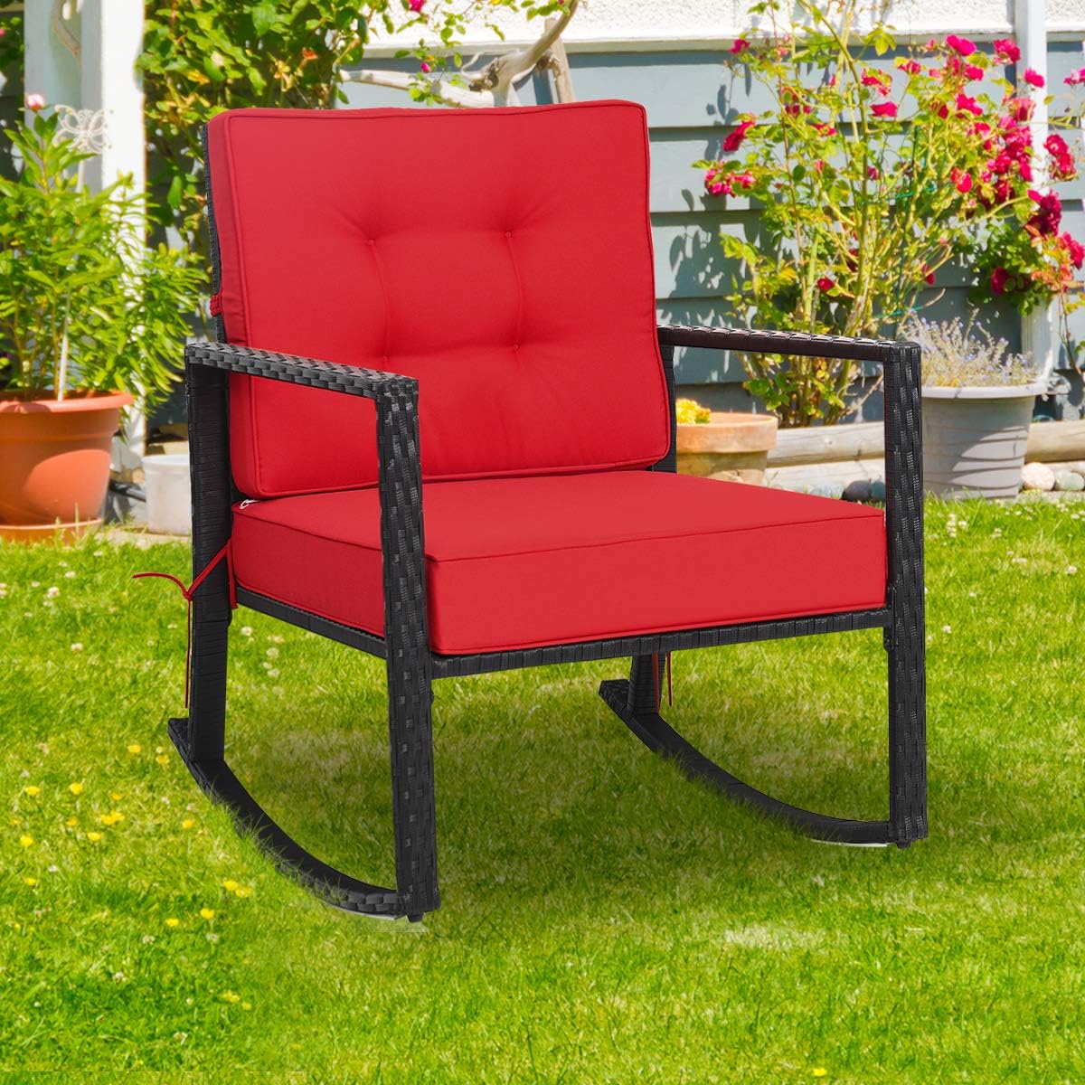 Tangkula Wicker Rocking Chair, Outdoor Glider Rattan Rocker Chair with Heavy-Duty Steel Frame