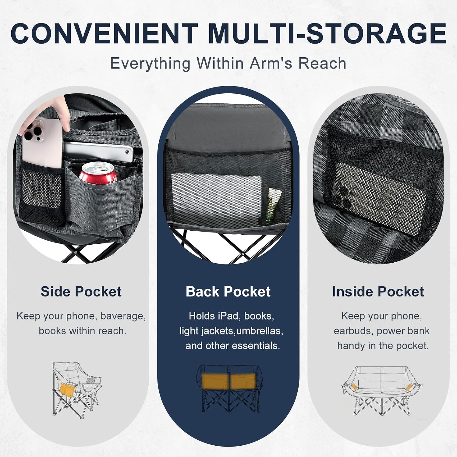 Oversized Camping Chairs for Adult - Heavy Duty Padded Portable Folding Chair XL Collapsible Camp Chair with Cup Holder Side Pocket for Outdoor Lawn Beach Sport Fishing Support 500LBS, Grey