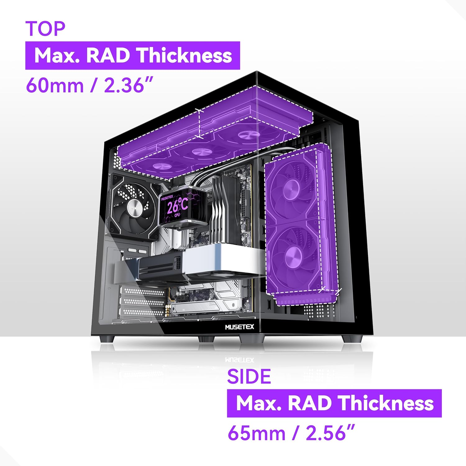 MUSETEX Y6 PC Case, Pre-Installed 7 Infinity Mirror PWM ARGB Fans, ATX Mid Tower Computer Case, Gaming PC Case with Type-C, 270° Full View Tempered Glass, Black