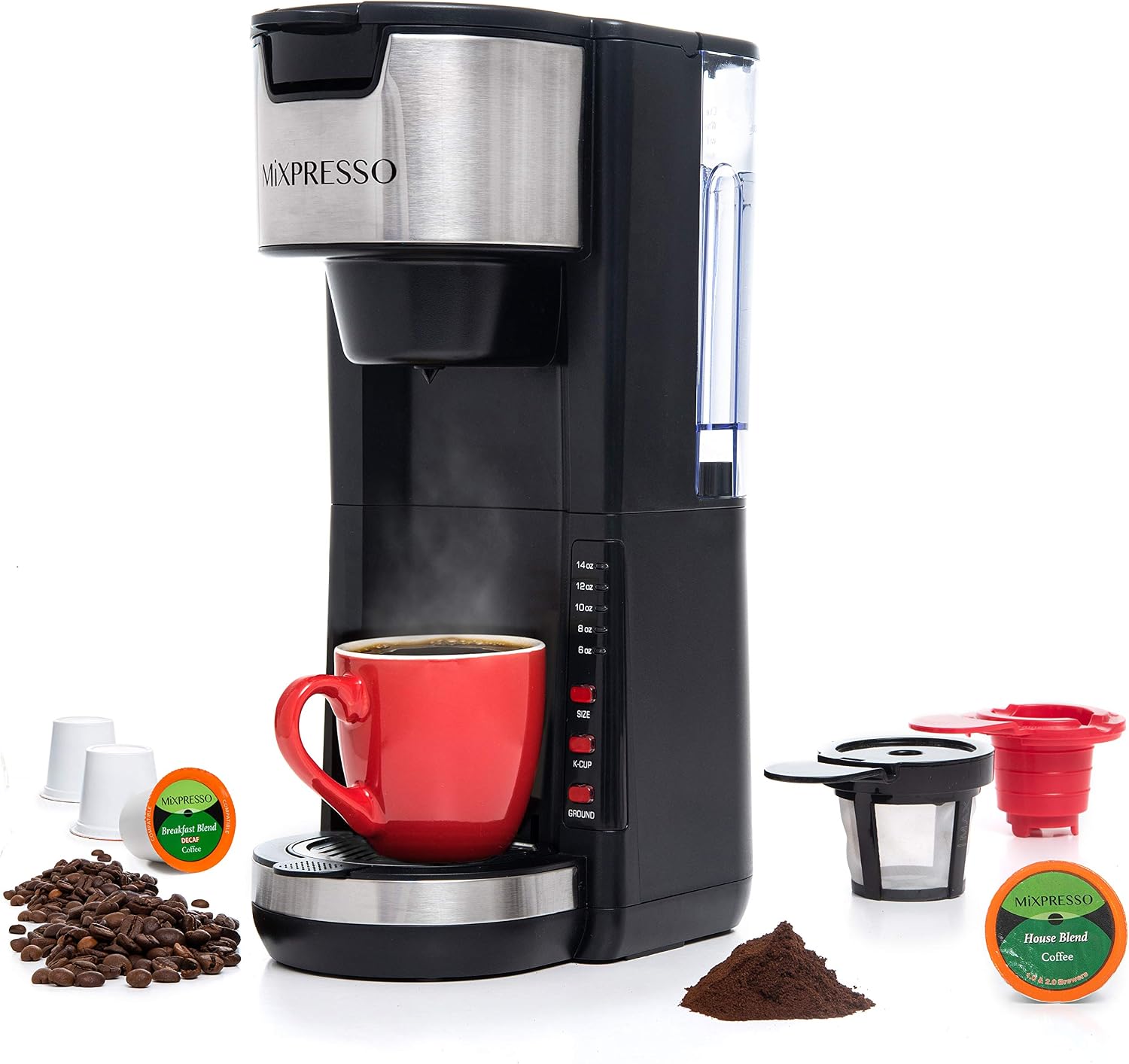 Mixpresso Black Single Serve Coffee Brewer K-Cup Pods Compatible & Ground, 30 oz Compact Coffee Maker Single Serve With 5 Brew Sizes Up To 14 Oz