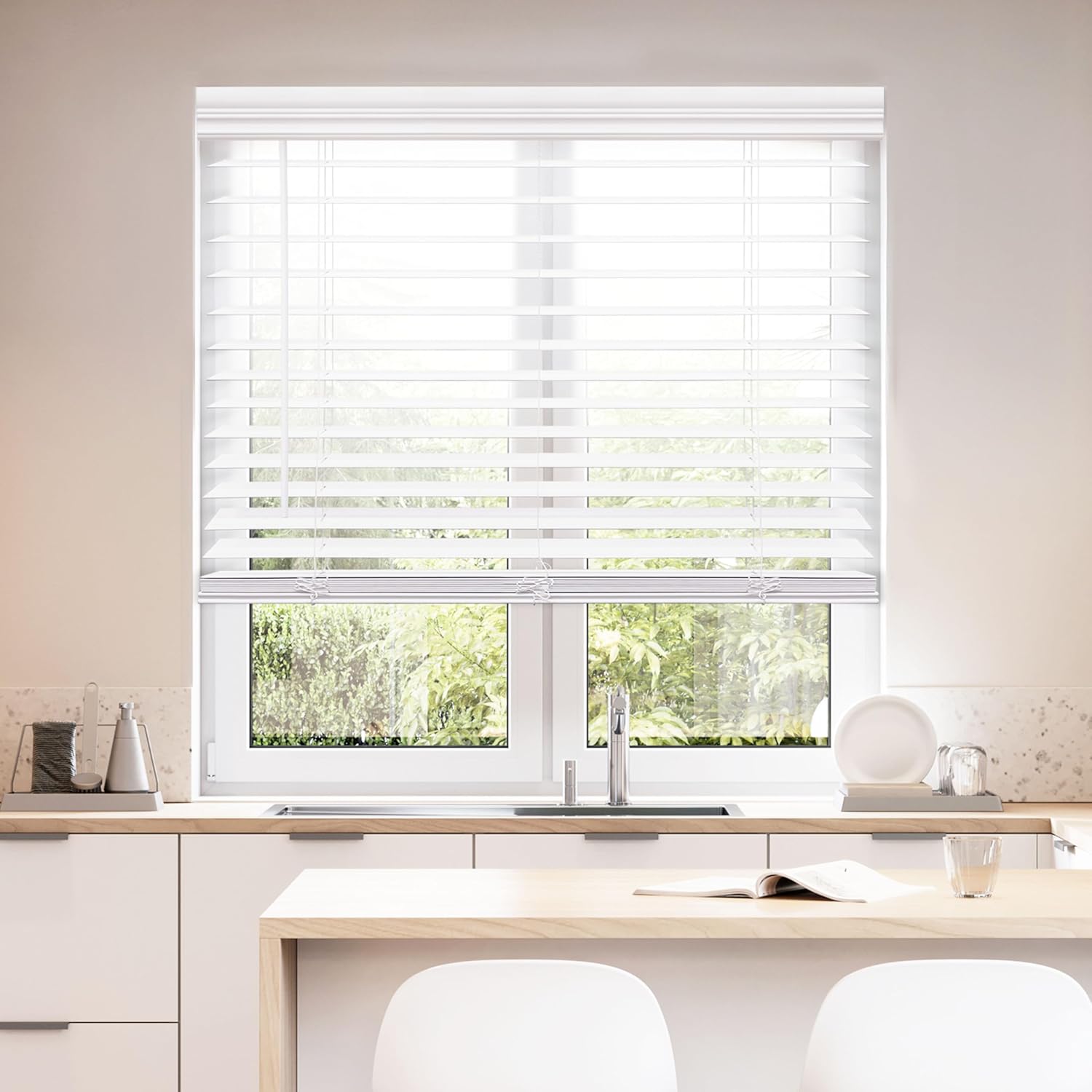 DEZ FURNISHINGS Cordless 2" Faux Wood Blind, 25" W x 64" H, White