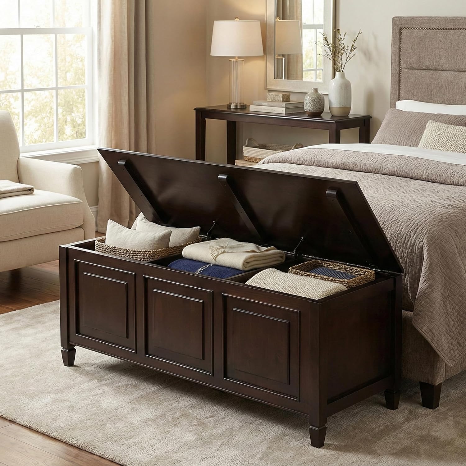 SIMPLIHOME Harvey 47" Wide Solid Mango Wood Bench in Natural | Traditional entryway bench in dark chestnut brown with a lift-up lid and 3 hidden compartments; shoe or hallway bench.