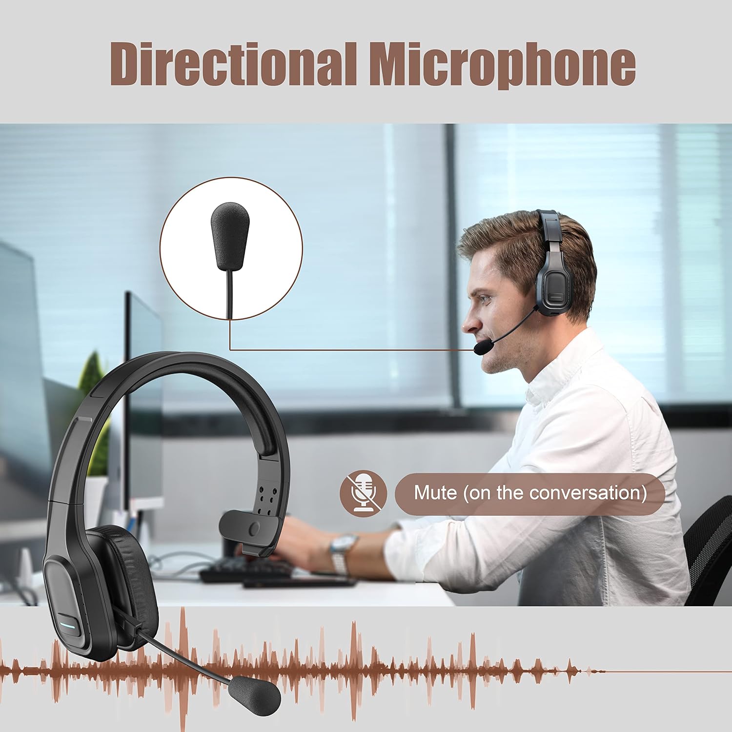 Trucker Bluetooth Headset V5.0, Wireless Headset with Noise Canceling&Mute Microphone for Cell Phones, On Ear Bluetooth Headphone for Computer