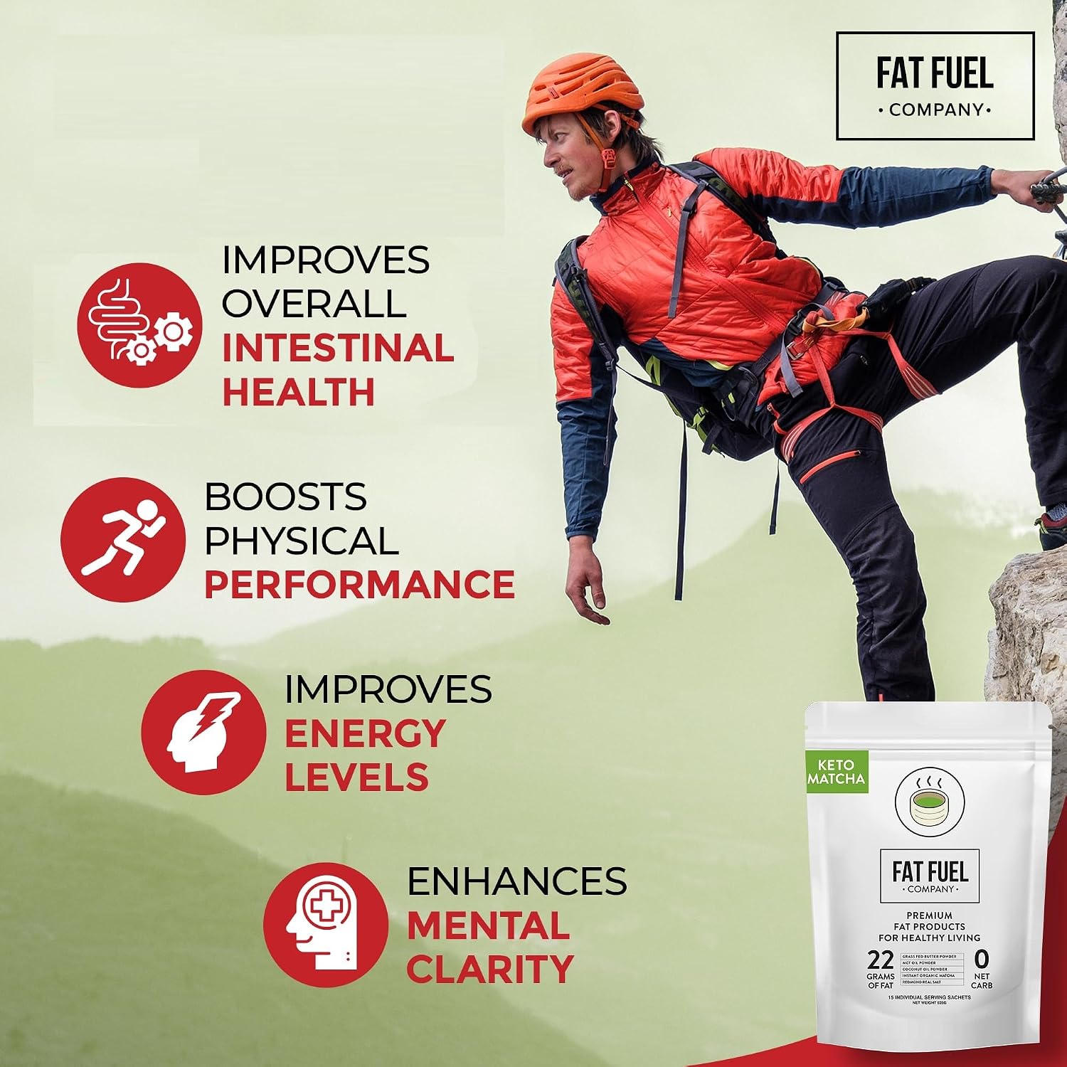 FAT FUEL Keto Matcha 22g Premium Fats - With Grass Fed Butter, MCT Oil, Coconut & Redmond Real Salt - Instant Organic Matcha, Zero Net Carb