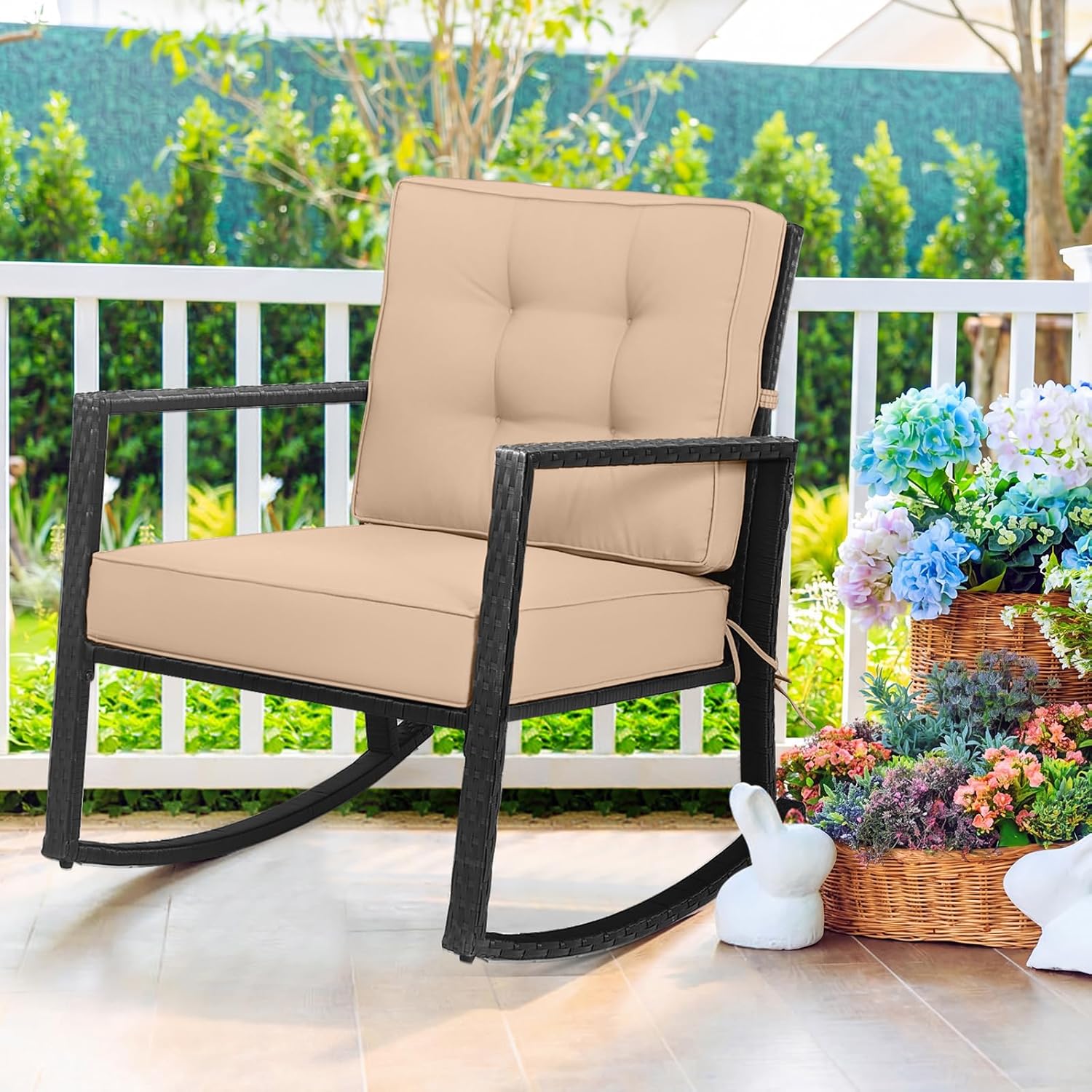 Tangkula Wicker Rocking Chair, Outdoor Glider Rattan Rocker Chair with Heavy-Duty Steel Frame