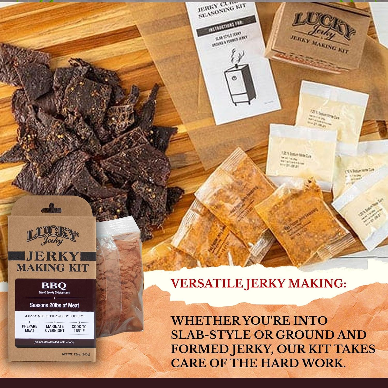Lucky Jerky Ultimate Savory DIY Beef Jerky Seasoning and Cure Kit, 12 Oz | Make Your Own with Original, BBQ, Teriyaki, and Sweet & Spicy, Seasons 5 lbs per Flavor, 20 lbs Total