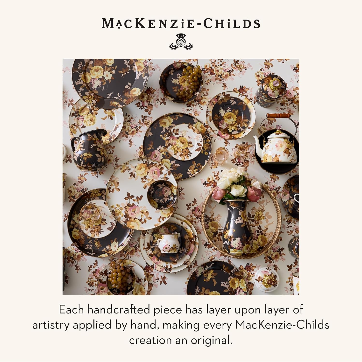 MACKENZIE-CHILDS Enamel Canister, Small, Wild Rose Brown | Hand-applied design, made from enameled steel, versatile kitchen storage container for flour and sugar, 38-ounce capacity