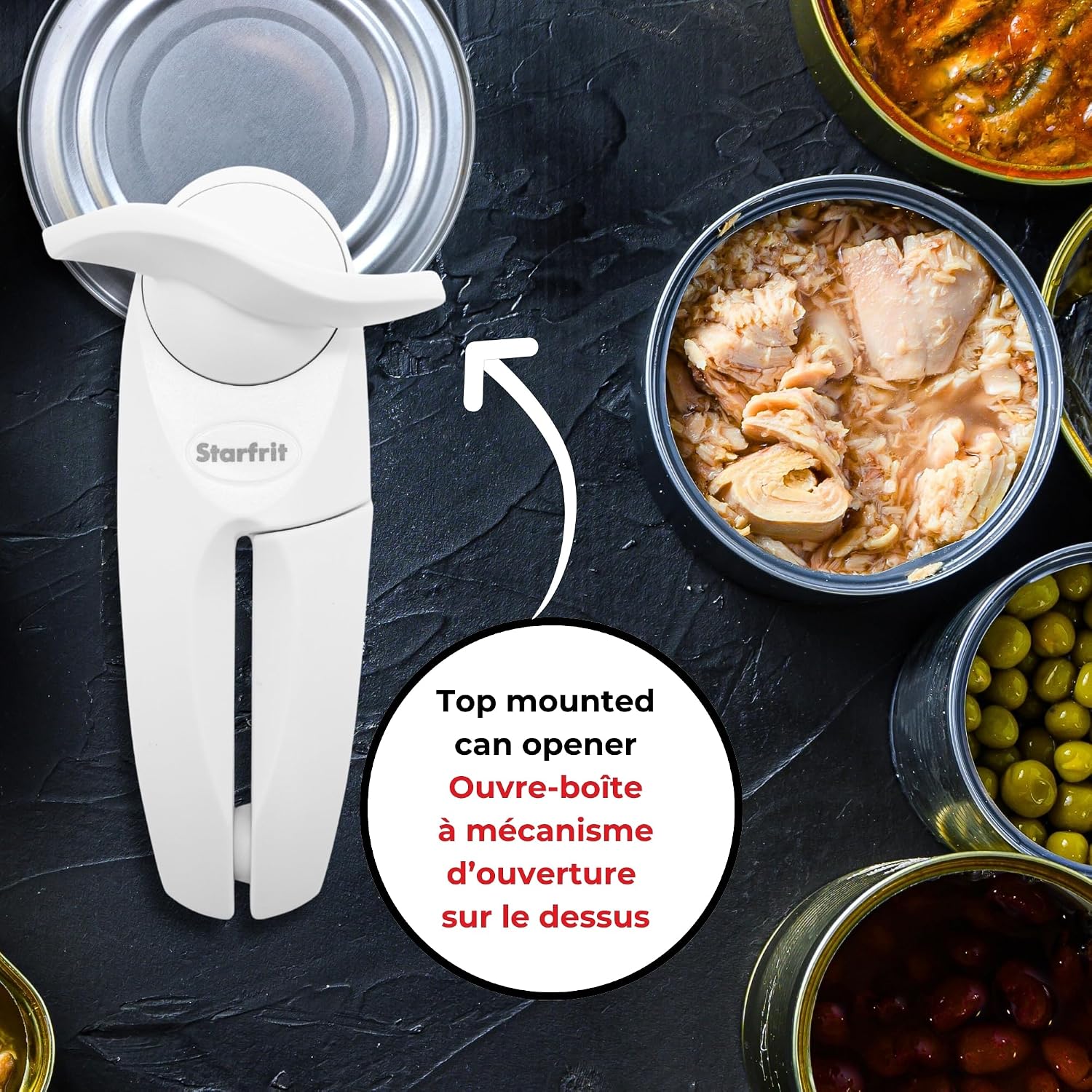 Starfrit Little Beaver Can Opener, Safe, Holds Lid and Leaves No Sharp Edges on Lid, Comfort Grip, 3-Year Warranty, White