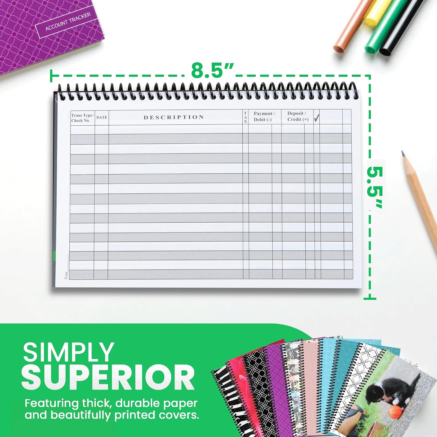 The Superior Register - Simple Account Tracker - Big Checkbook Register & Financial Ledger - Debit Card Register - Bank Register - 1 Pack, Teal, Wide Edition