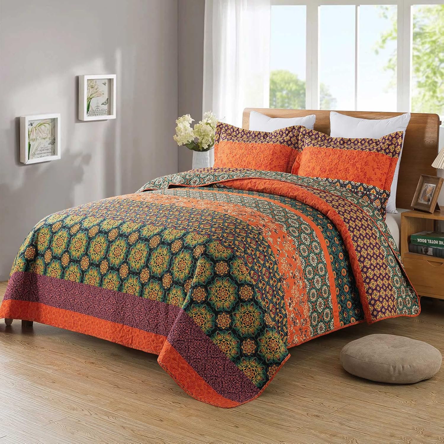 Travan Queen Quilt Set 3-Piece Bedspread Quilted Oversized Lightweight Microfiber Coverlet Set with Shams Violet Purple Floral Pattern Quilted