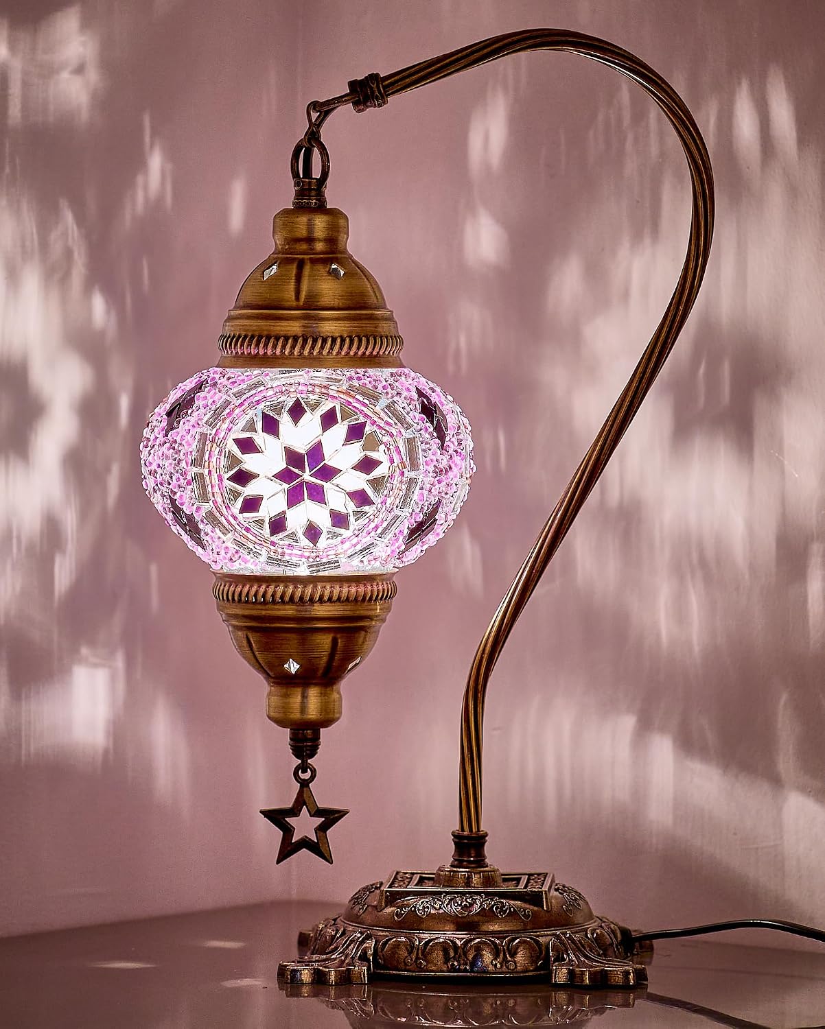 DEMMEX Turkish Table Lamp Moroccan Bedside Light Handmade Tiffany Mosaic Glass Boho Artisan Accent Lighting for Bedroom Living Room, Antique Brass Finish – 15" H, Multicolor