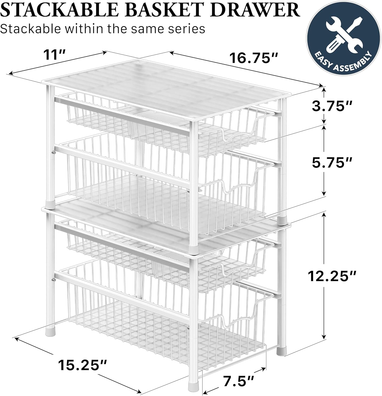 Simple Houseware Stackable 3 Tier Sliding Basket Organizer Drawer, Chrome