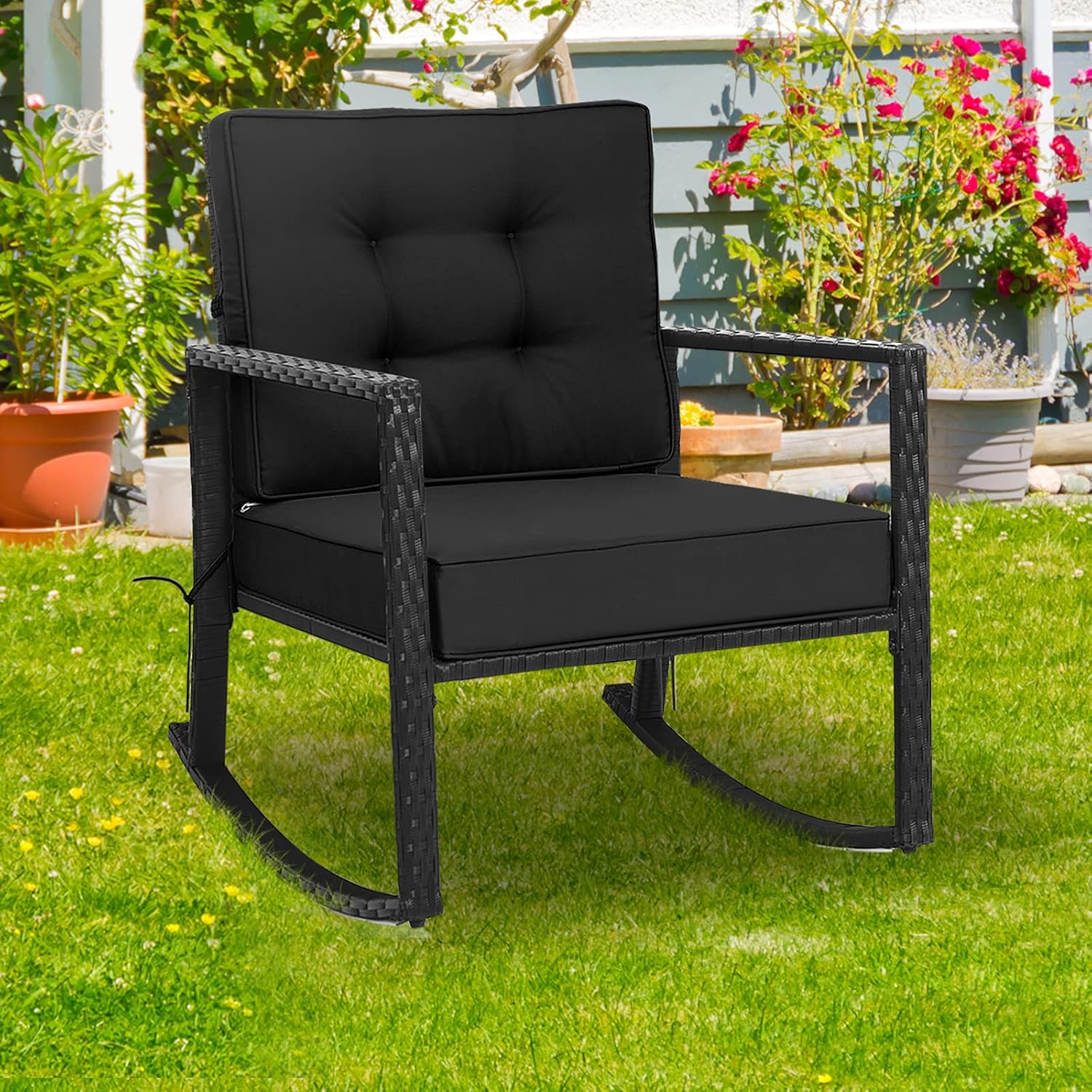 Tangkula Wicker Rocking Chair, Outdoor Glider Rattan Rocker Chair with Heavy-Duty Steel Frame