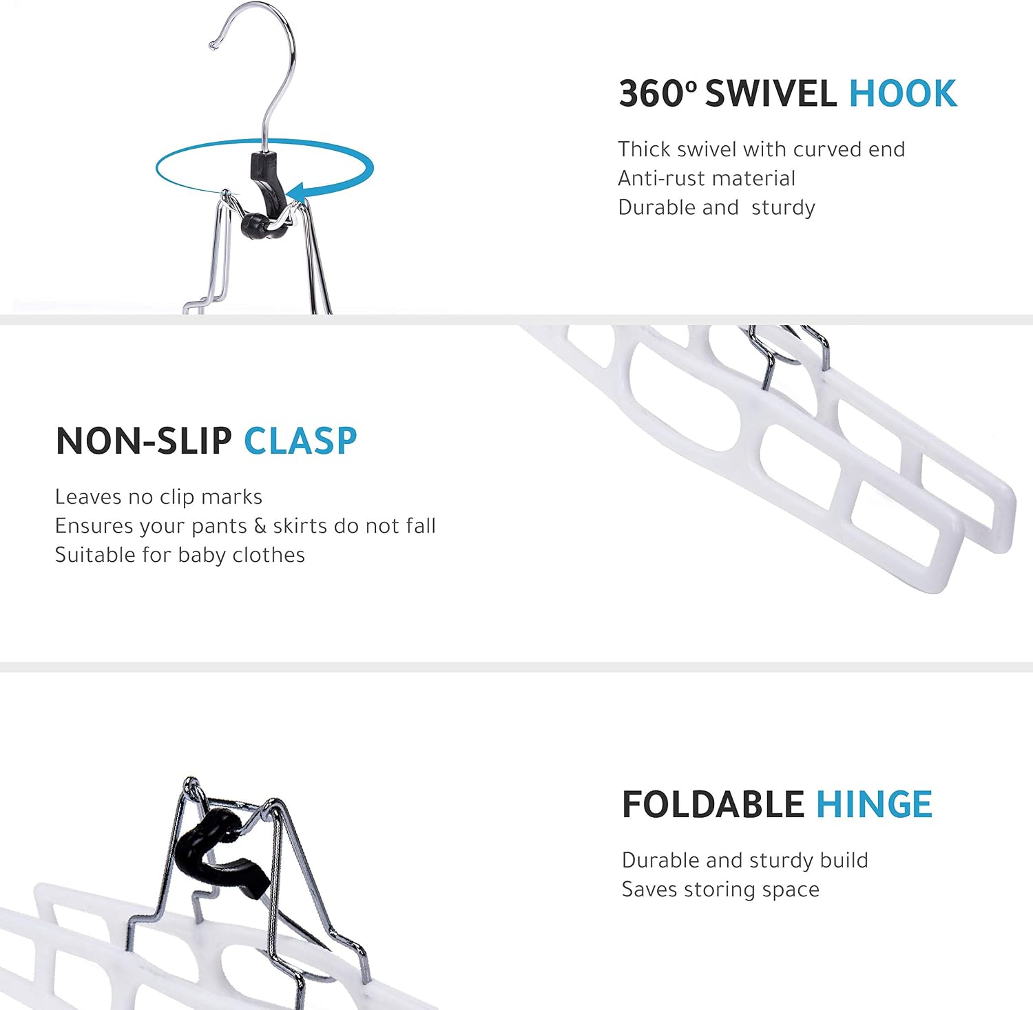 Quality Hangers 10 Pack Premium Skirt Hangers - Thin Space Saving Pant Hangers Set with Clamp, Shorts Hangers with Heavy Duty Locking Clasp