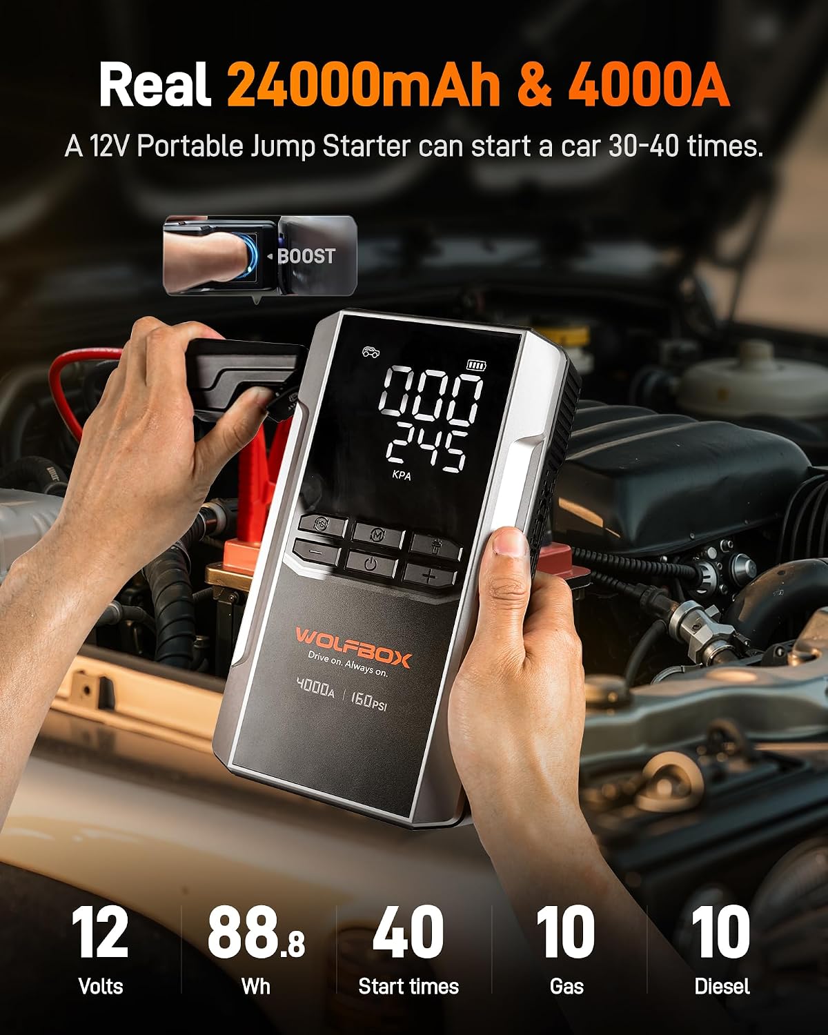WOLFBOX MV16A 3000A Jump Starter with Air Compressor, 59.2Wh&160PSI Portable Car Battery Jump Starter with 65W Fast Charging, 12V Battery Pack (8L Gas 6L Diesel) with Boost, Light and Jumper Cables