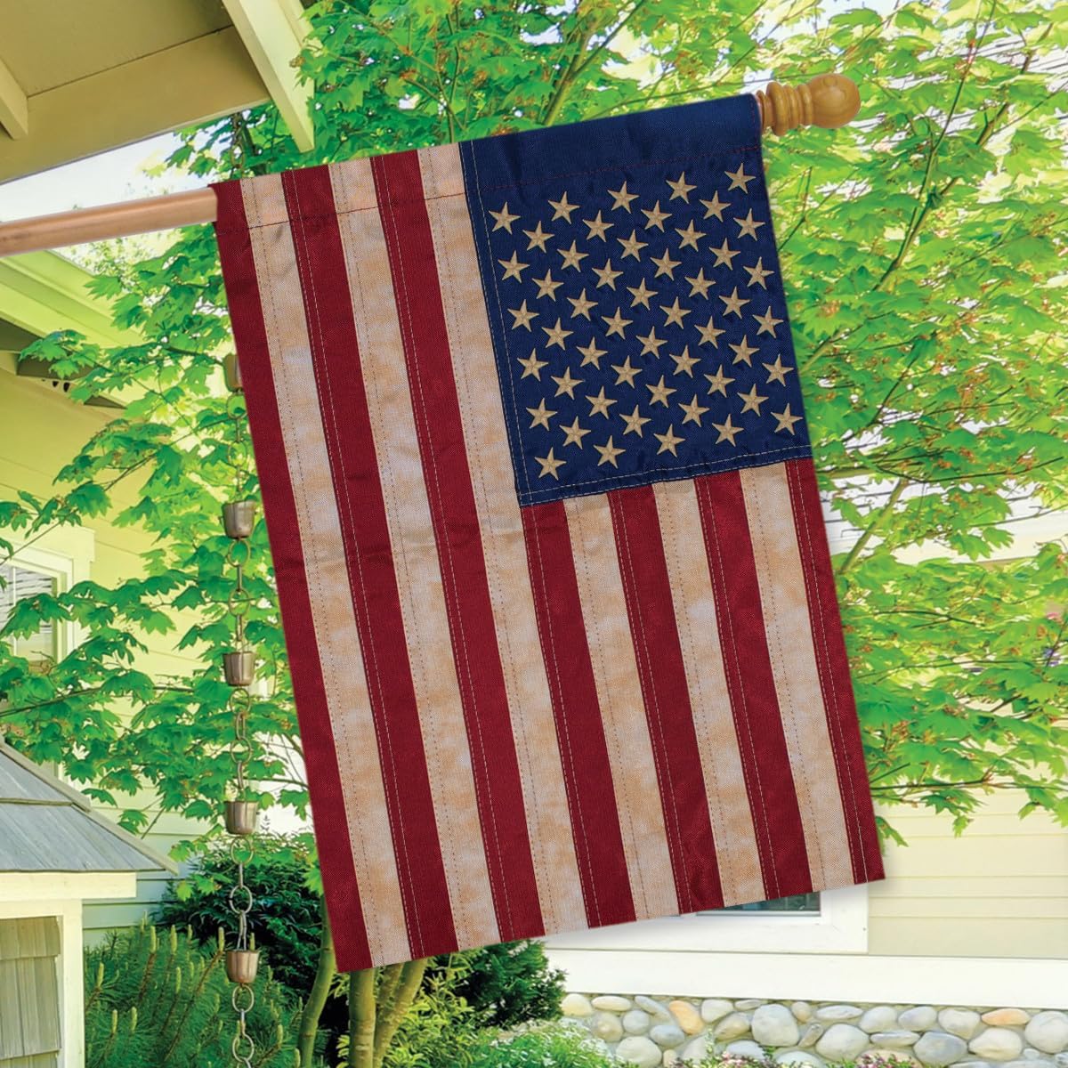 Tea Stained Applique & Embroidered American Flag House Flag USA 28" x 50"