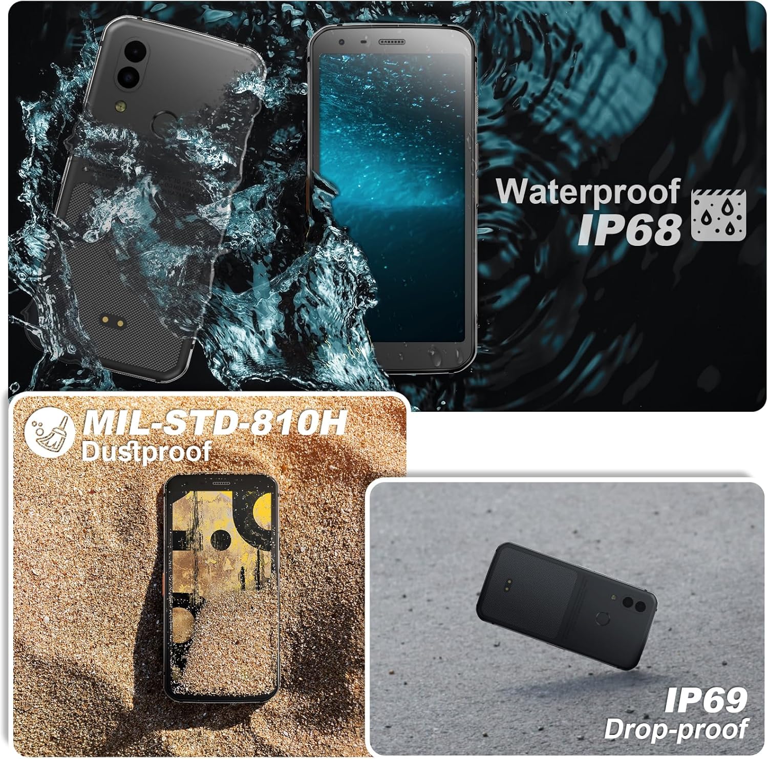 Unifone S62 Unlocked Rugged Cell Phone (128GB, 4GB) 5.7" IP68 Waterproof Android Smartphone, 12MP Dual Camera, All Day Battery, NFC