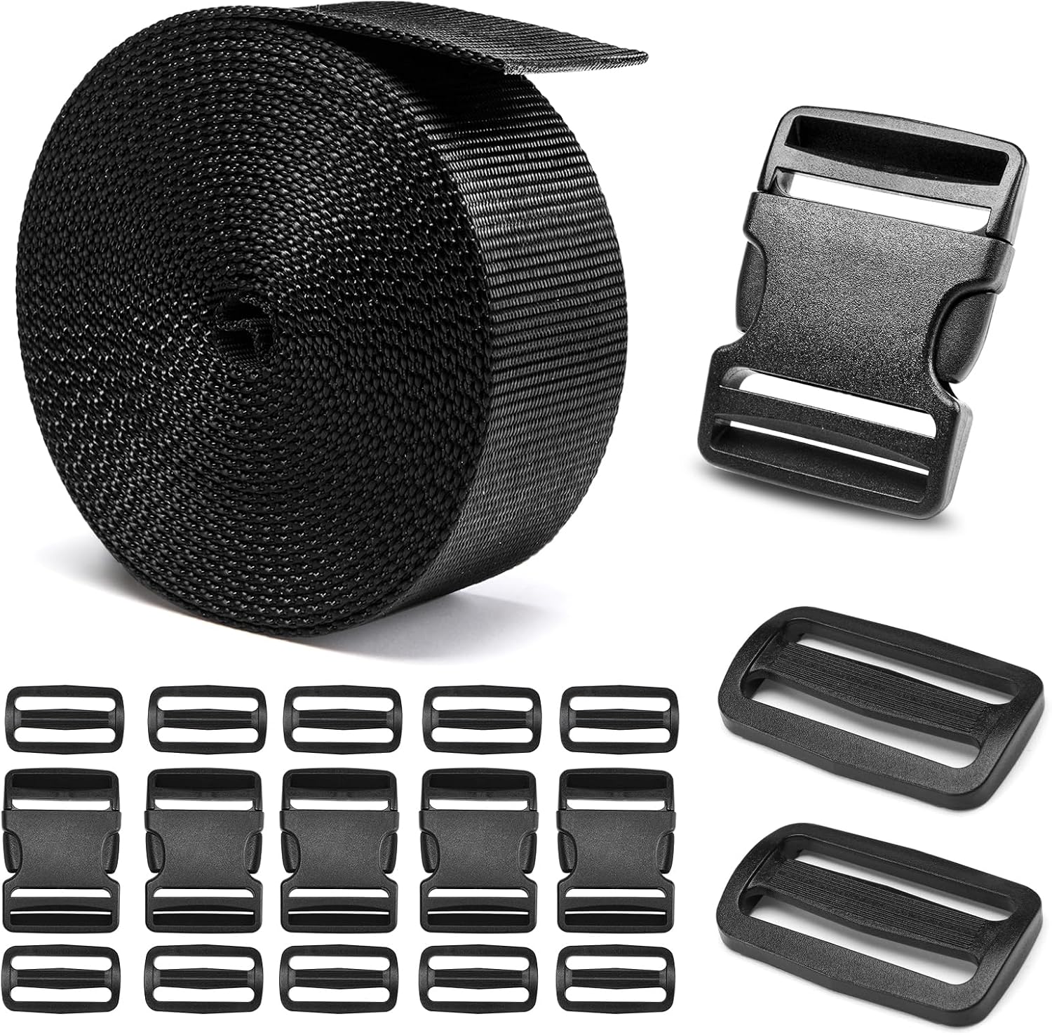 BEYOURD Buckles and Straps Set 1": 6 Yards of Thick Nylon Webbing, 6-Pack Heavy Duty Adjustable Quick Side Release Plastic Buckles