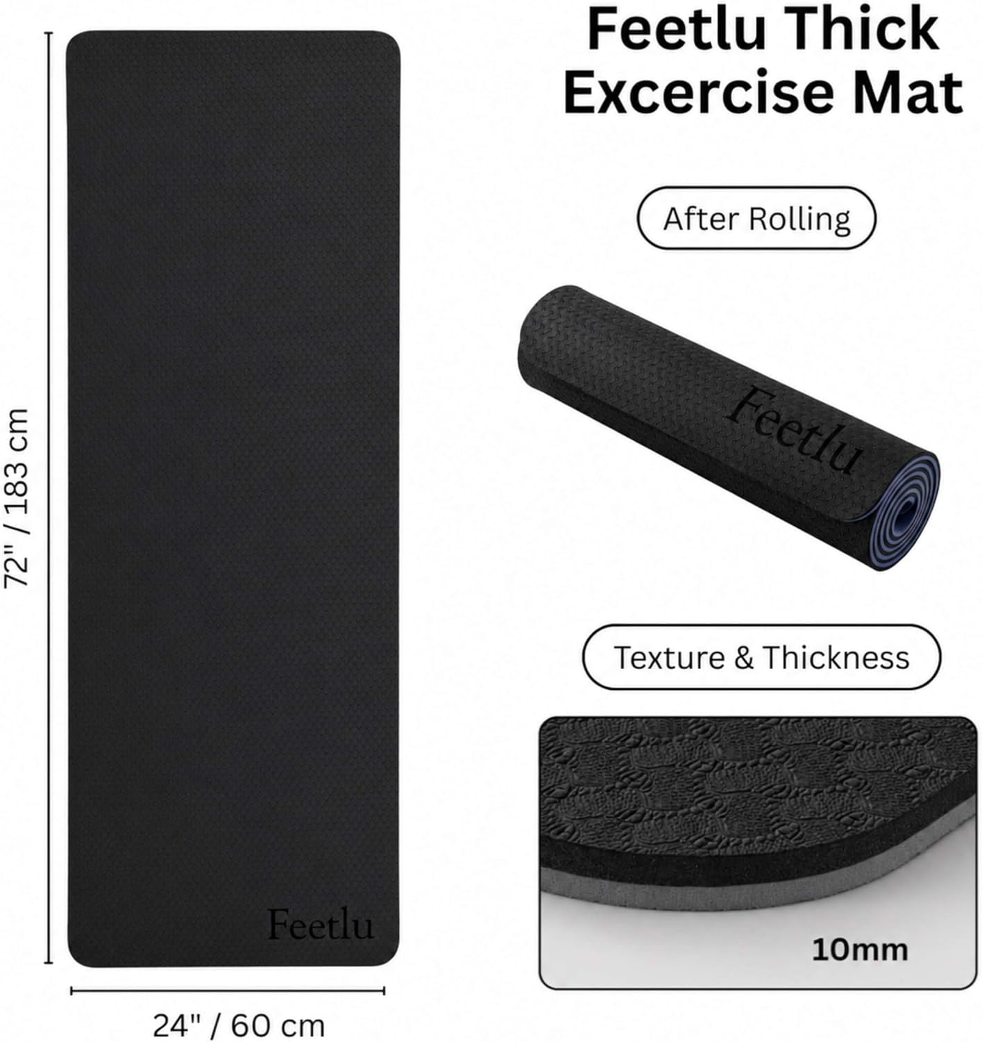 Extra Thick Yoga Mat with Carry Strap, 10mm Non-Slip Exercise Mat, 72 x 24 Inch Cushioned Workout Mat for Yoga, Pilates, Stretching & Floor Exercises
