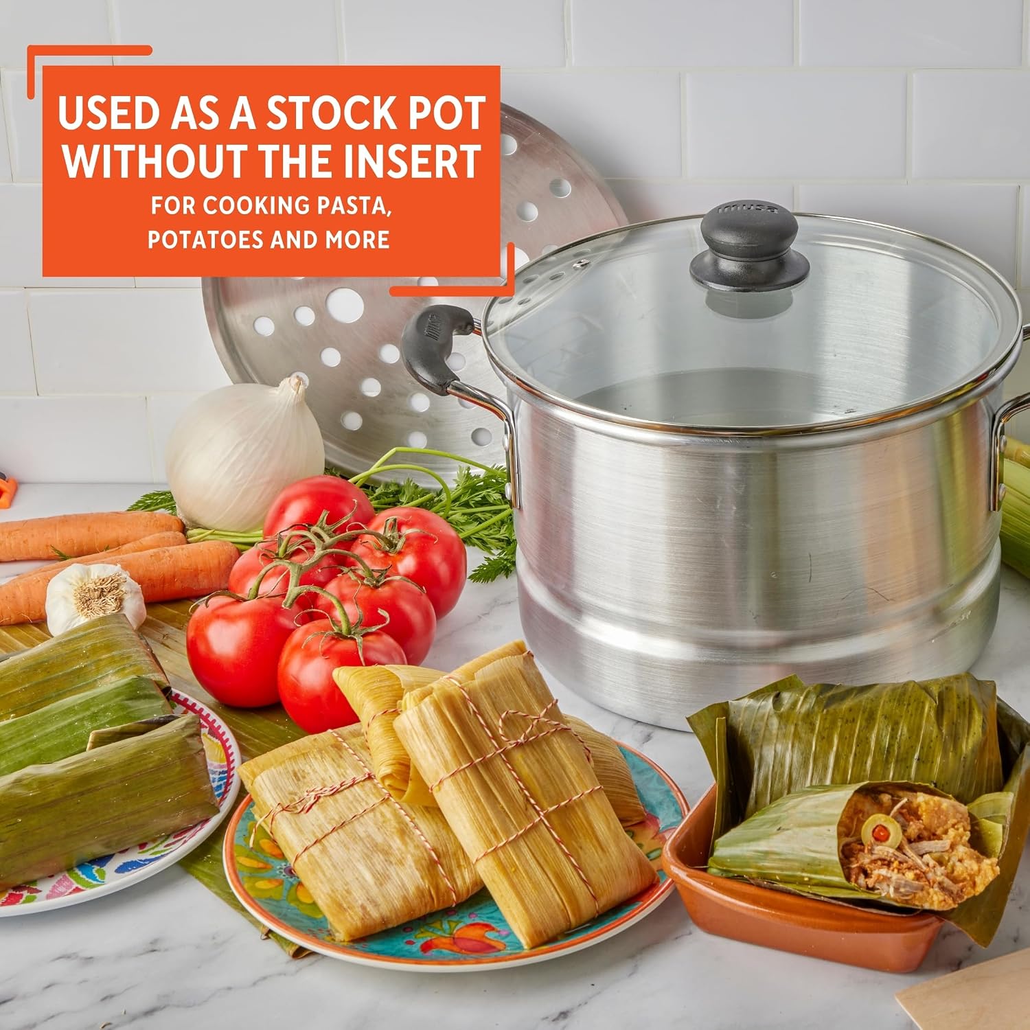 IMUSA USA MEXICANA-410 Aluminum Steamer with Glass Lid 10-Quart, Silver, 10Qt | Brushed Finish, Cool-Touch Handles with Glass Lid, Ideal for Tamales, Great for Family Meals