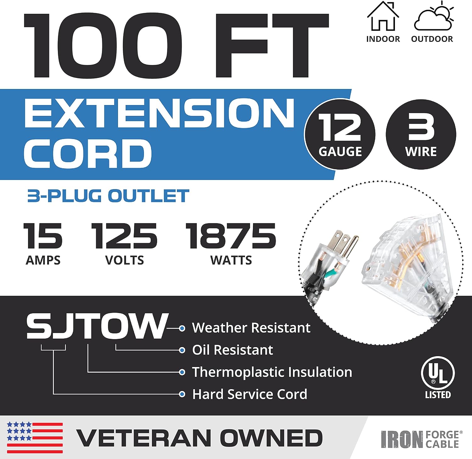 Iron Forge Cable 12 Gauge Extension Cord Multi Outlet, 10 Ft - Black SJTW