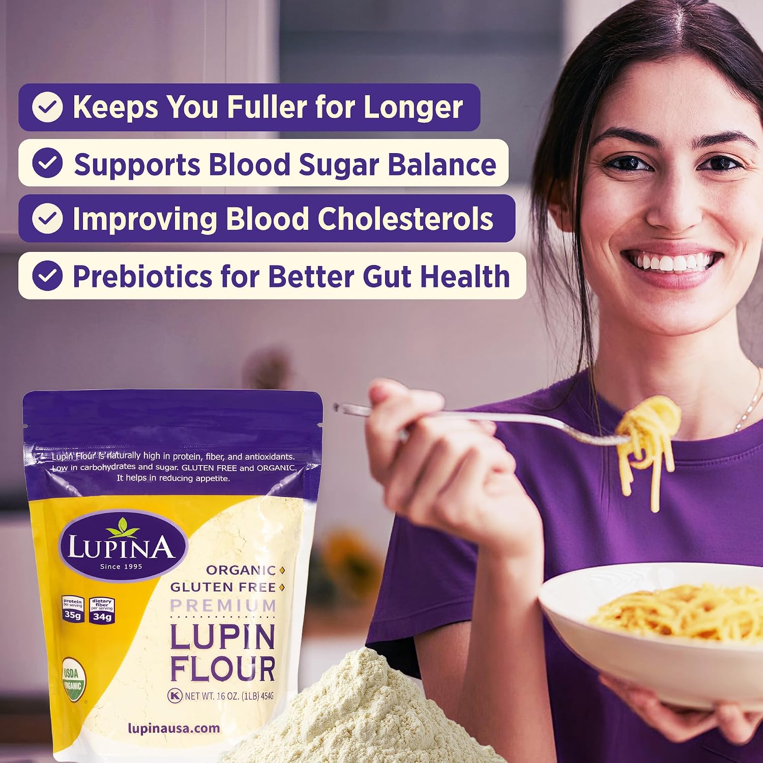 Lupina Organic Gluten-Free Lupin Flour – Pack 1–16 oz- High-Protein, High-Fiber, Low-Carb Plant-Based Flour – Non-GMO Vegan Superfood for Baking, Smoothies & Healthy Cooking