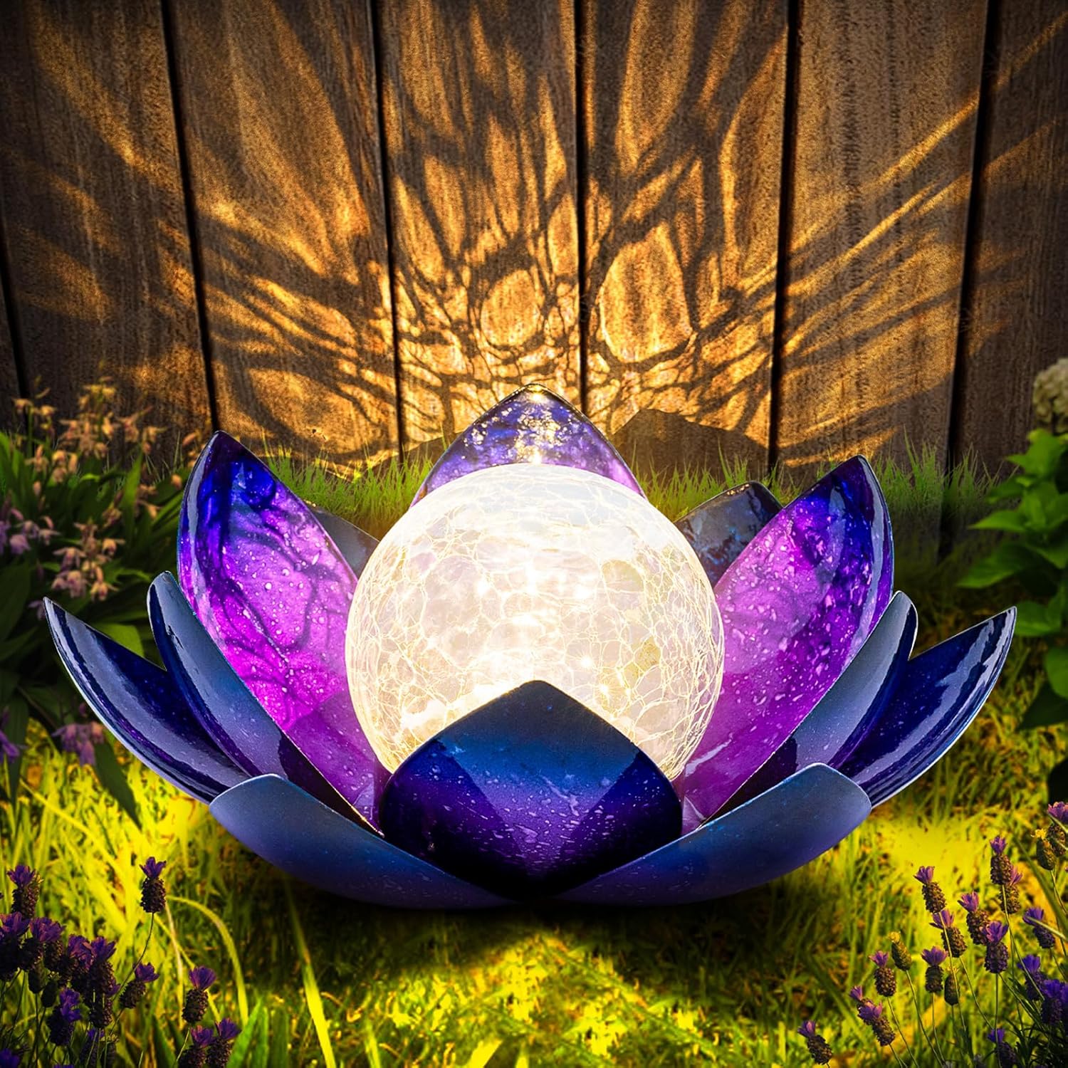 Huaxu Solar Lights Outdoor Garden, Crackle Globe Glass Lotus Decor, Waterproof LED Metal Flower Decorations for Patio,Lawn,Walkway,Tabletop,Ground