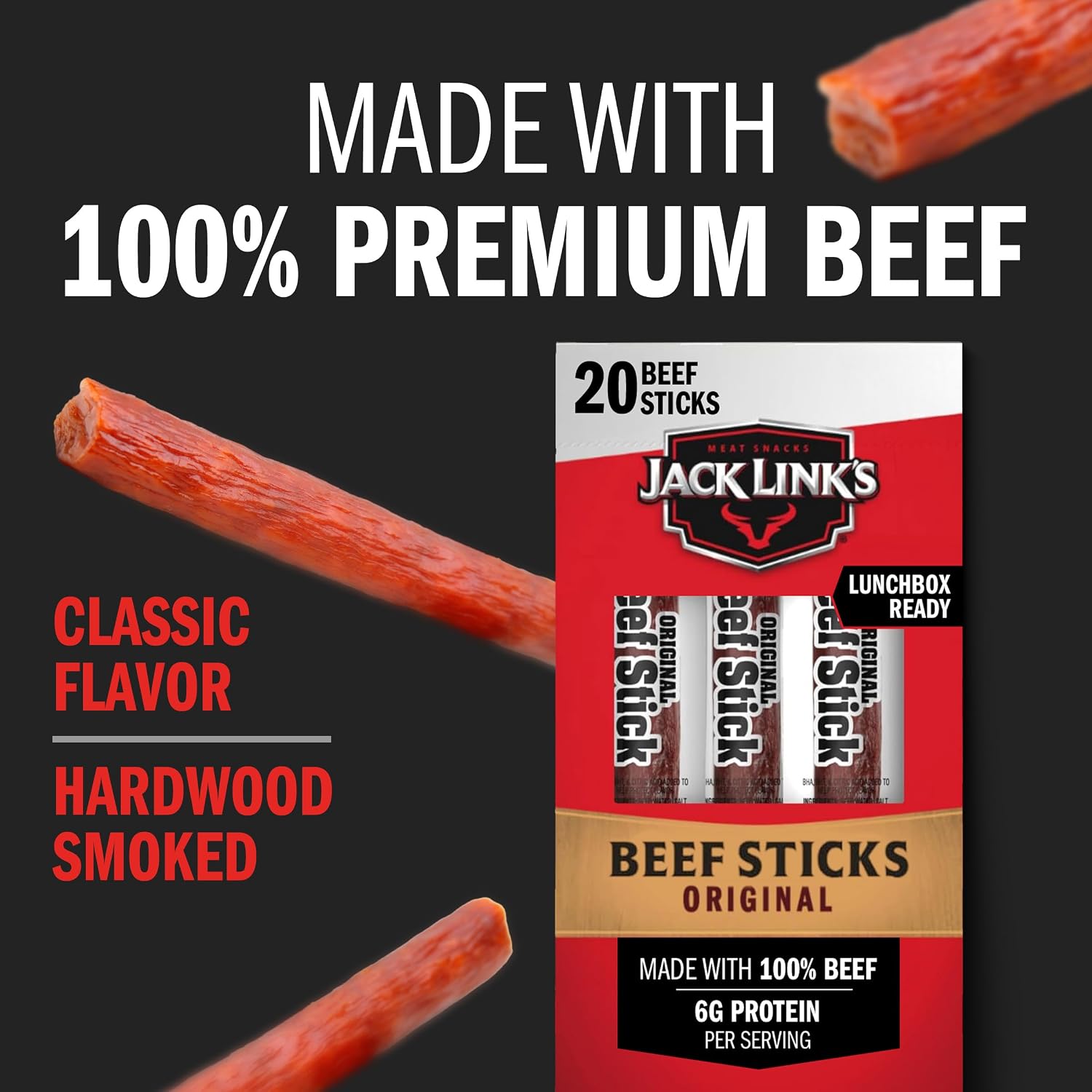 Jack Link's Original Beef Jerky Sticks - Made with 100% Real Beef - Ready to Eat Real Meat Protein Snacks - 6g Protein per Serving - 0.92 oz Meat Stick, 20 Count
