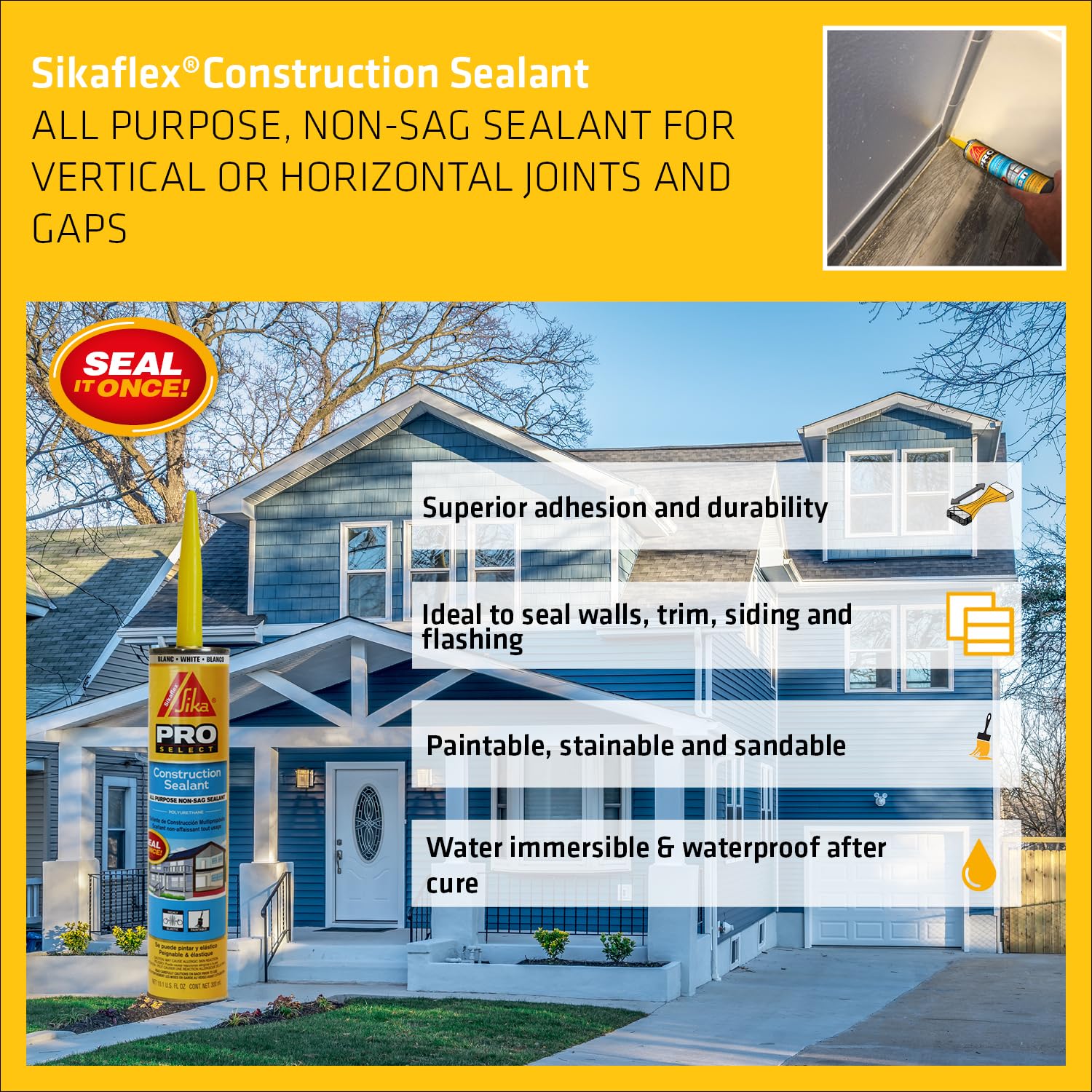 SIKA Sikaflex Construction Sealant - White, All-Purpose Polyurethane for Joints 1/2" or Smaller - 10.1 fl. oz - Weatherproof, High Elasticity, Paintable, Strong Adhesion