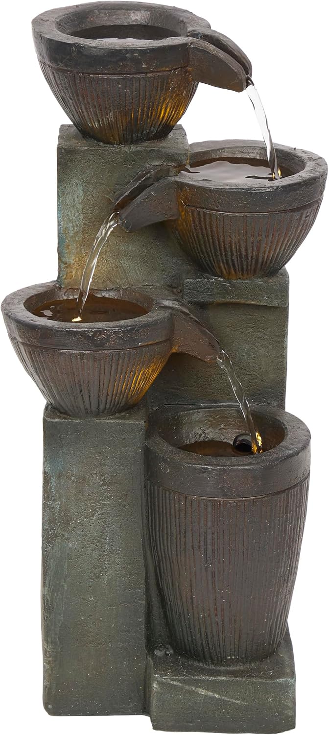 Alpine Corporation WIN326 Indoor Tabletop Light-Up Tiered Rainforest Tree Trunk Water Fountain with LED Lights, 11", Brown