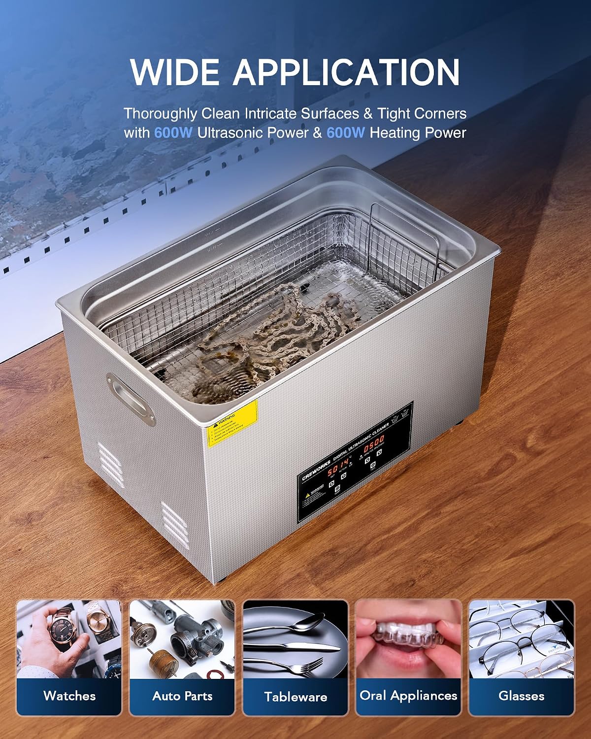 CREWORKS 3L Ultrasonic Cleaner, 0.8 gal Digital Sonic Cavitation Machine | 120W Stainless Steel Professional Jewelry Cleaner for Cleaning Tool Watch Glasses Retainer Denture Parts with Heater & Timer