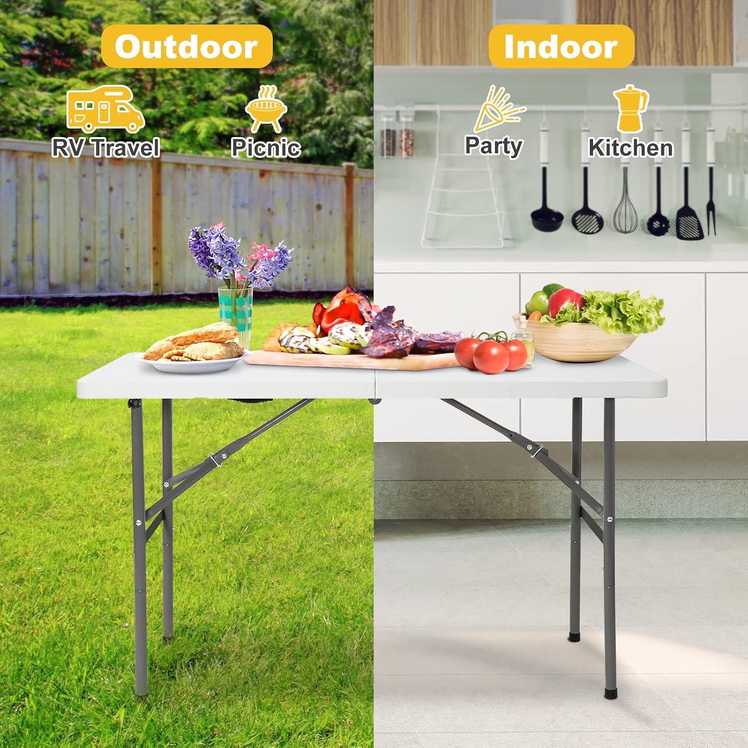 ZenStyle 6 ft Indoor Outdoor Heavy Duty Plastic Folding Table Portable Picnic Table Fold-in-Half Utility Table w/Handle and Steel Legs for Camping