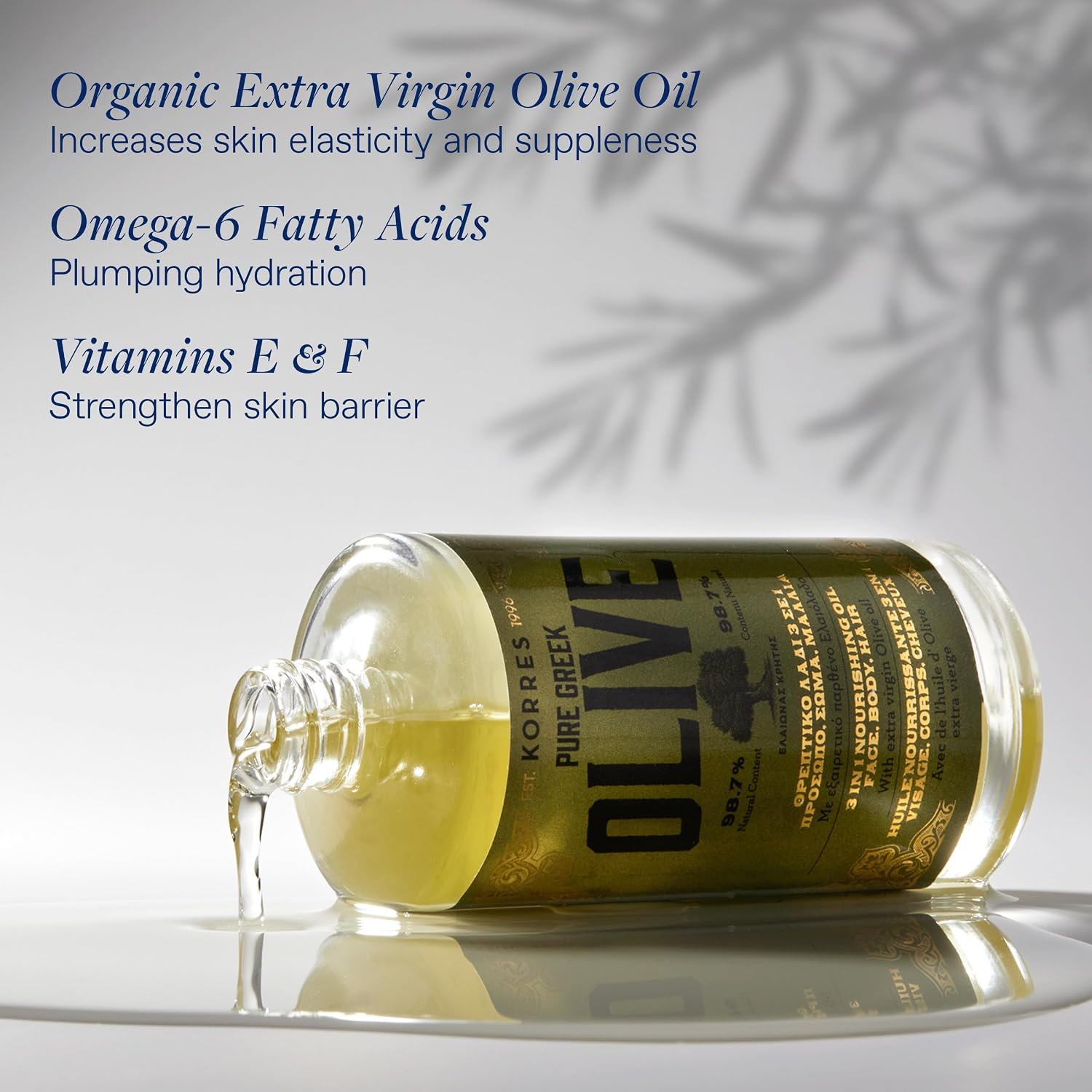 KORRES Extra Virgin Olive Oil for Face, Hair & Body, Moisturizer 3.38 Fl Oz | For Dry Skin and Hair, Pure, Greek Cold Pressed Olive Oil