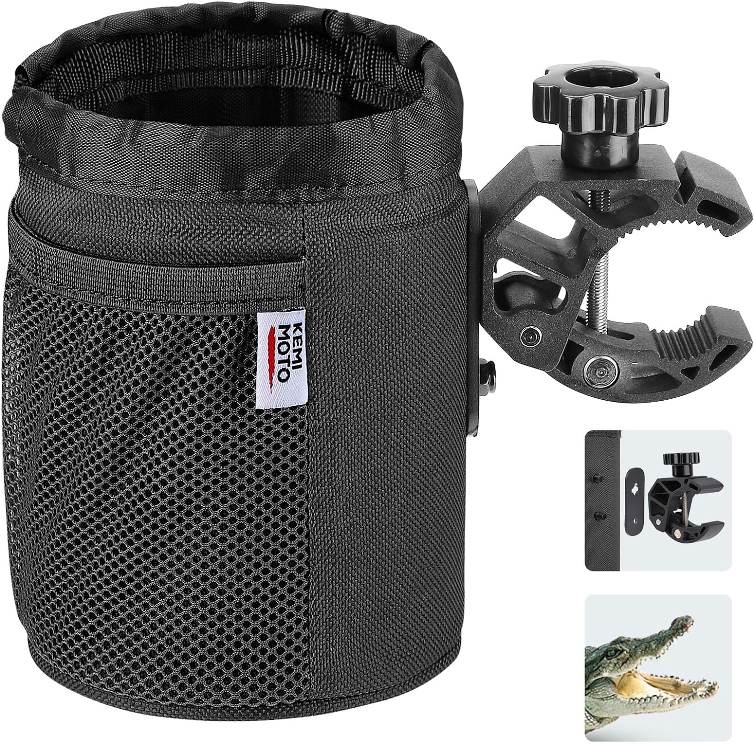 KEMIMOTO Motorcycle Cup Holder, Oxford Fabric Motorcycle Drink Holder with 0.6"-1.5" Alligator Clamp, Universal Water Bottle Cup Accessories for Bike