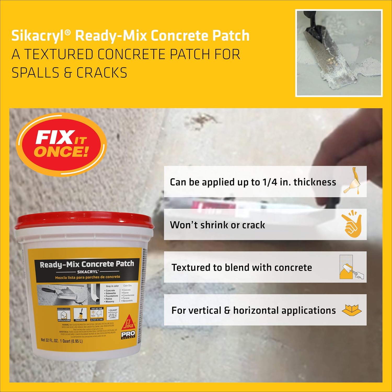 Sika - Sikacryl - Gray - Ready-Mix Concrete Patch - for Repairing spalls and Cracks in Concrete and Masonry - Textured - 1 qt (Pack of 1)