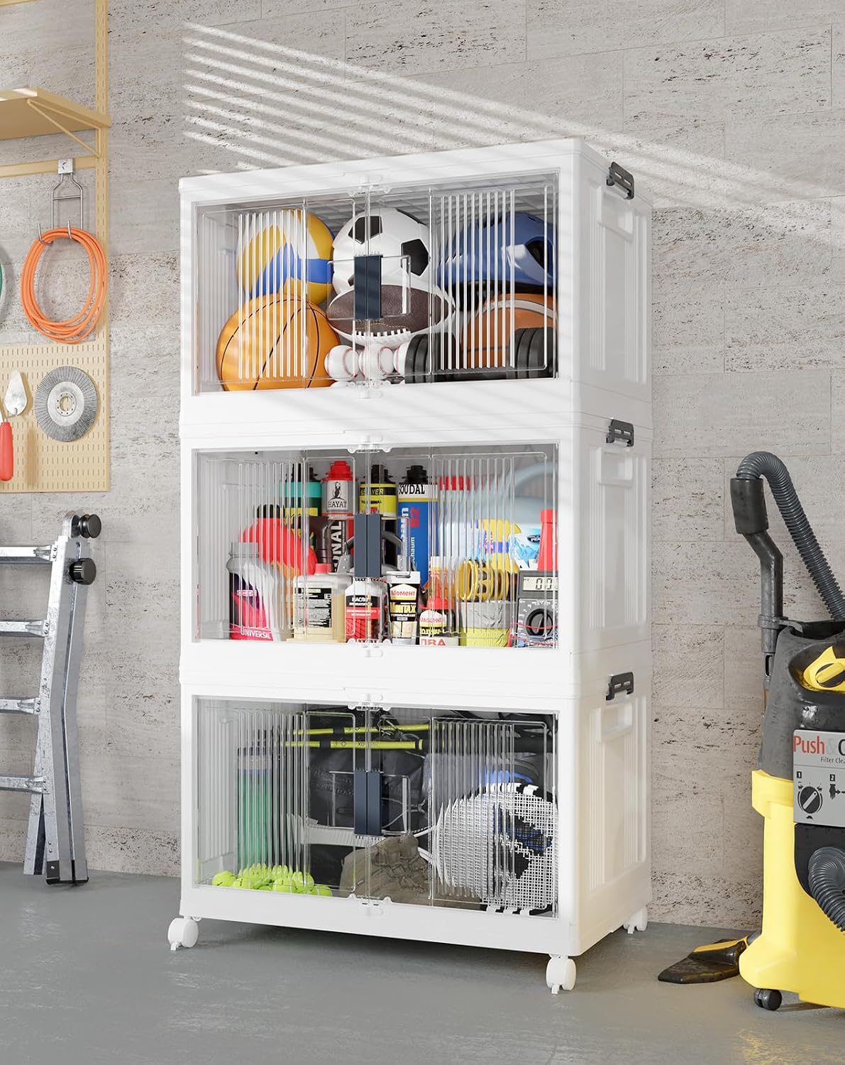 OlarHike 144QT Storage Bins with Lids for Closets, Office, Dorm, 3 Pack | Multi-Lid, Lockable Cabinet, Doors & Wheels, Foldable & Collapsible, Stackable Organizers, Plastic Drawers, School, Game Day