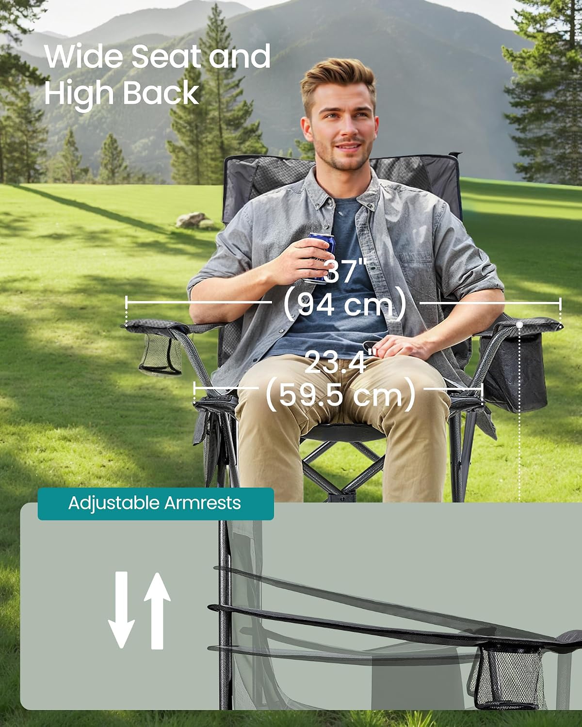 SONGMICS Camping Chair, Folding Oversized Chair, Comfortable and Heavy-Duty, 352 lb Weight Capacity, Adjustable Armrests with Cooler Bag, Storage Bag, Breathable Mesh, Bijou Blue UGCB060Q01
