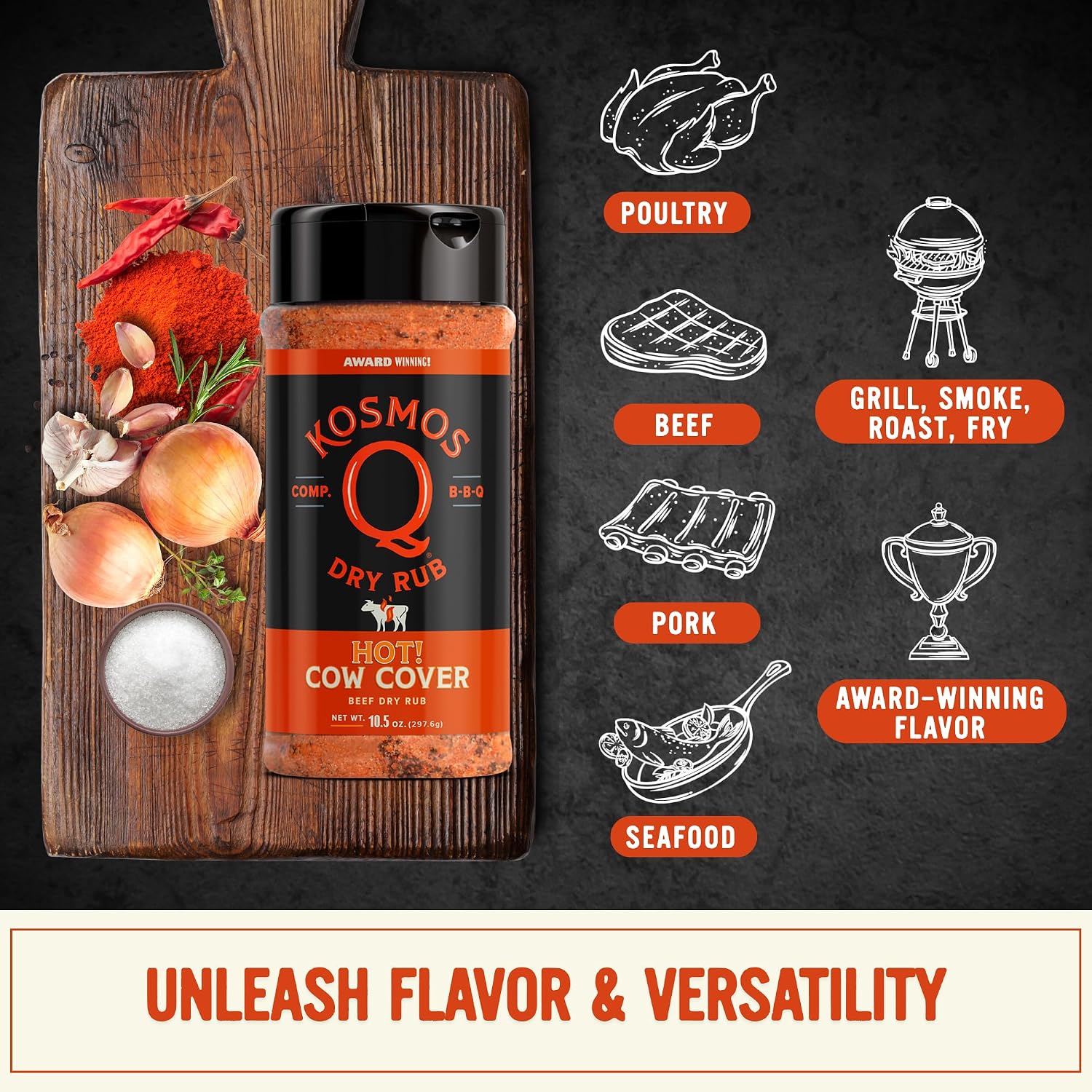 Kosmos Q Hot Dirty Bird BBQ Dry Rub, Spicy Seasoning with Chili Pepper, Brown Sugar, Garlic & Onion for Chicken, Turkey, Ribs, Pork, Dry Rub for Smoking & Grilling Meat, BBQ Spice Blend, 11 Oz Bag