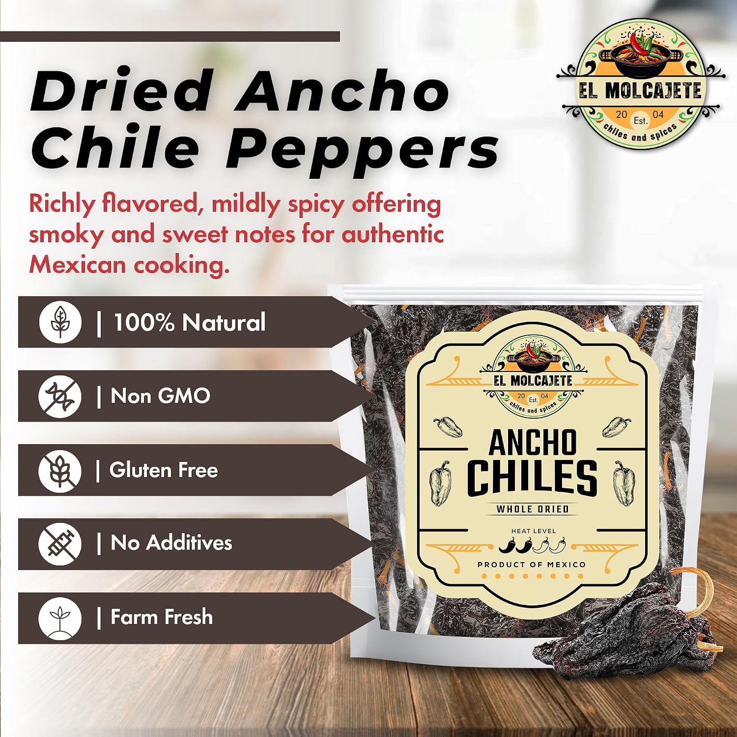 Dried Ancho Chiles 8oz Whole Mild Mexican Chili Peppers Mole Enchiladas | Sweet smoky dried poblano. Rehydrate for birria, tamales, salsa, sauces & stews. All natural. Resealable bag.