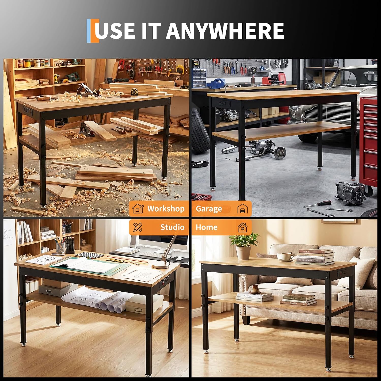 60" Work Bench with Storage Shelf, Adjustable Height Workbench, 60" x 24" Work Benches for Garage