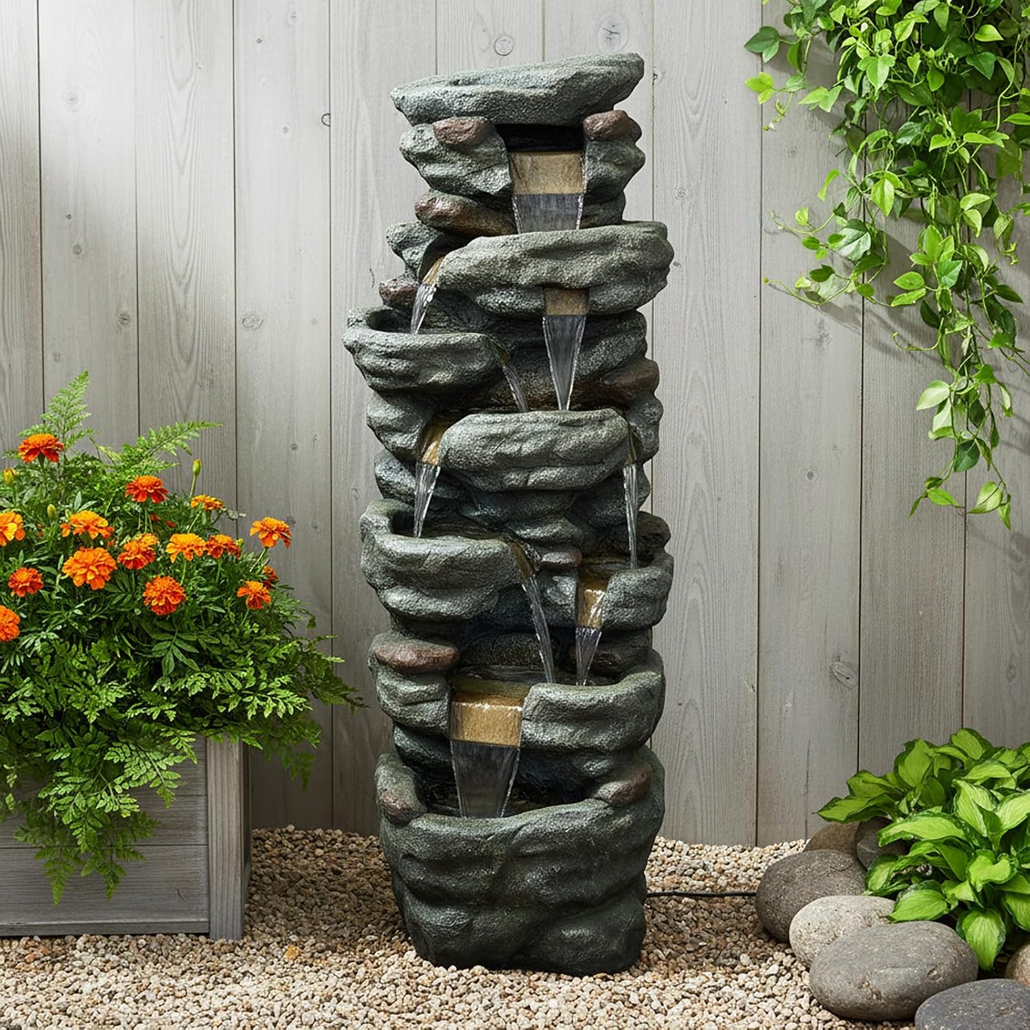 SunJet 40.5” High Rocks Outdoor Water Fountain - 6-Tiers Cascading Waterfall with LED Lights, Soothing Tranquility for Home Garden, Yard Decor